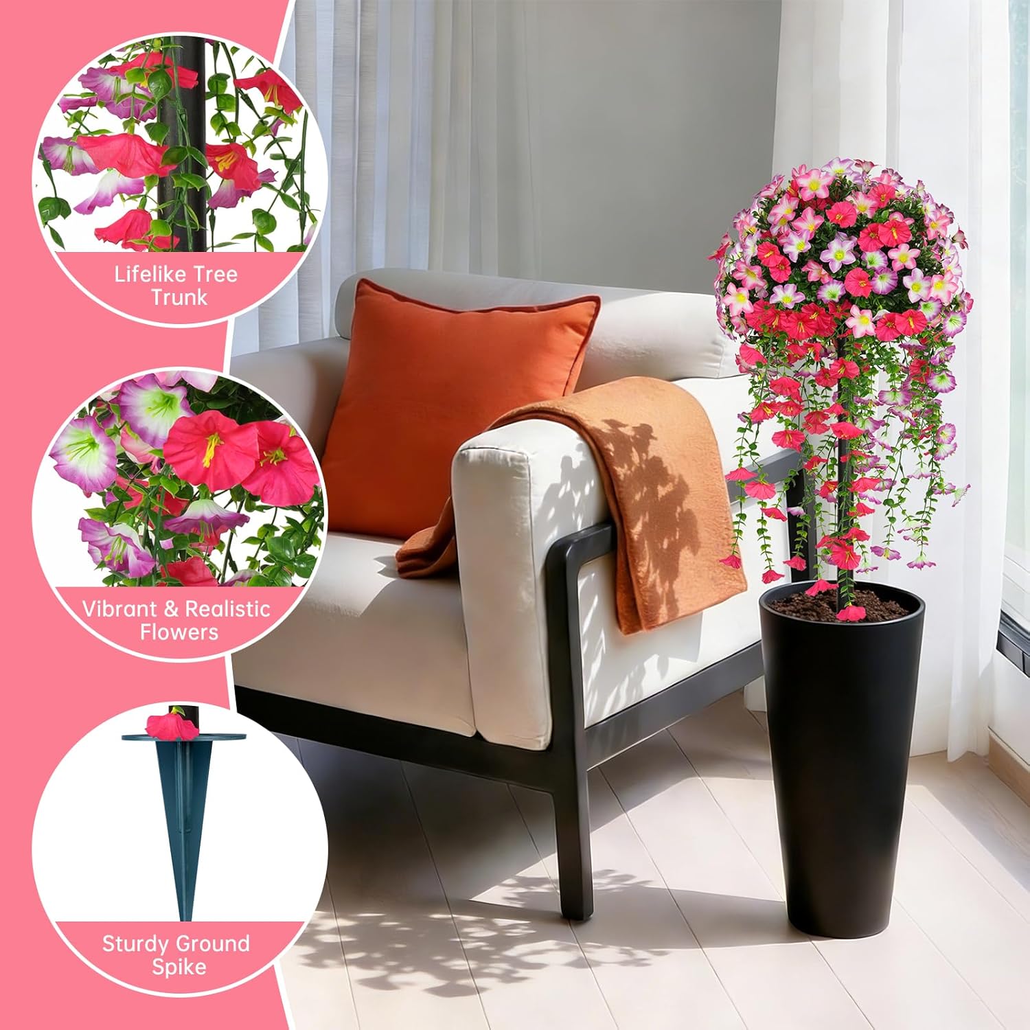 Artificial Topiary Ball Trees with Pink Morning Glory Flowers, 3FT Faux Outdoor Plants Artificial Bushes Set of 2 with Ground Spike, UV Resistant Fake Shrubs for Front Porch Garden