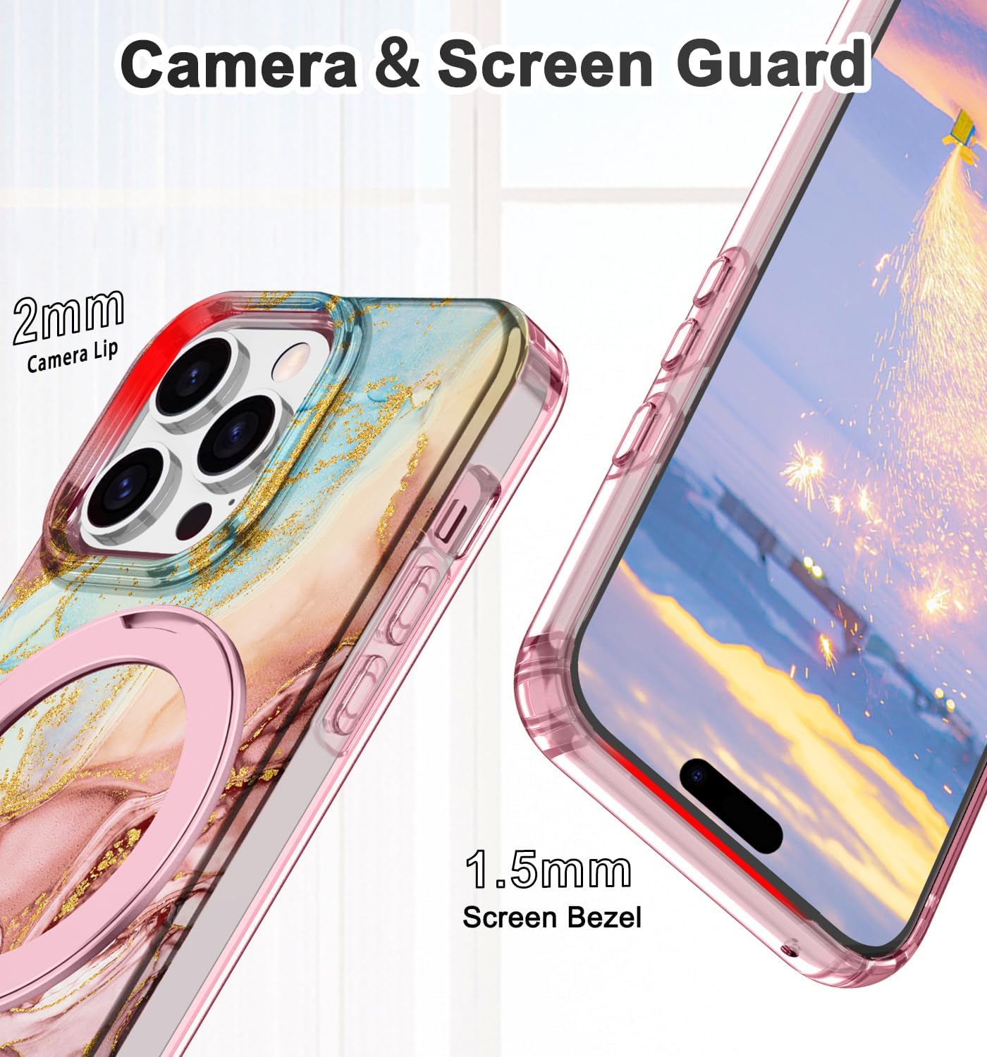 Lamcase for iPhone 14 Pro Max Case with Magnetic Invisible Ring Stand [Compatible with MagSafe], Full Body Rugged Slim Women Men Girl Shockproof Marble Pattern Design Case, Rose Gold