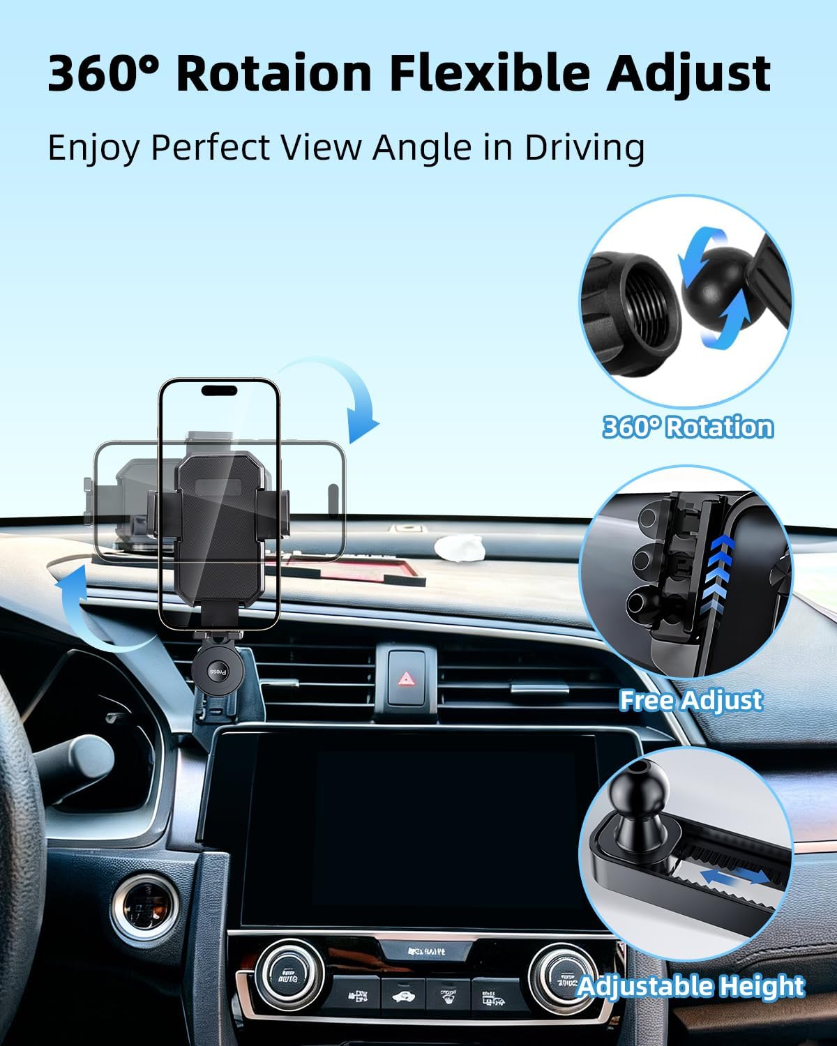 PZK Car Phone Mount for Honda Civic 2016-2021 LX/EX/Touring/Si/EX-L Accessories 10th Gen Car Phone Holder Only for 7-inch Screen Auto Lock Phone Cradles 360° Rotating Extension Rod Not Affect Vent