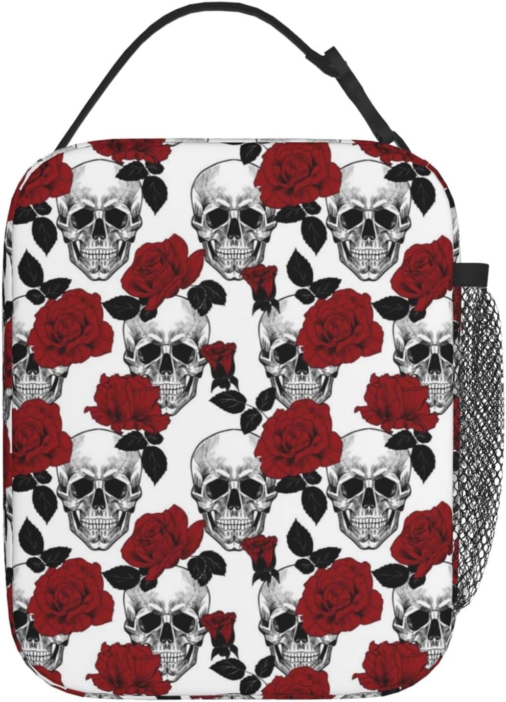 Gianlaima Goth Rose Red Funny Sugar Skulls Cool Floral Insulated Lunch Box For Women Man, Portable Lunch Bag Reusable Cooler Tote For Office Work Travel Picnic Camping Beach