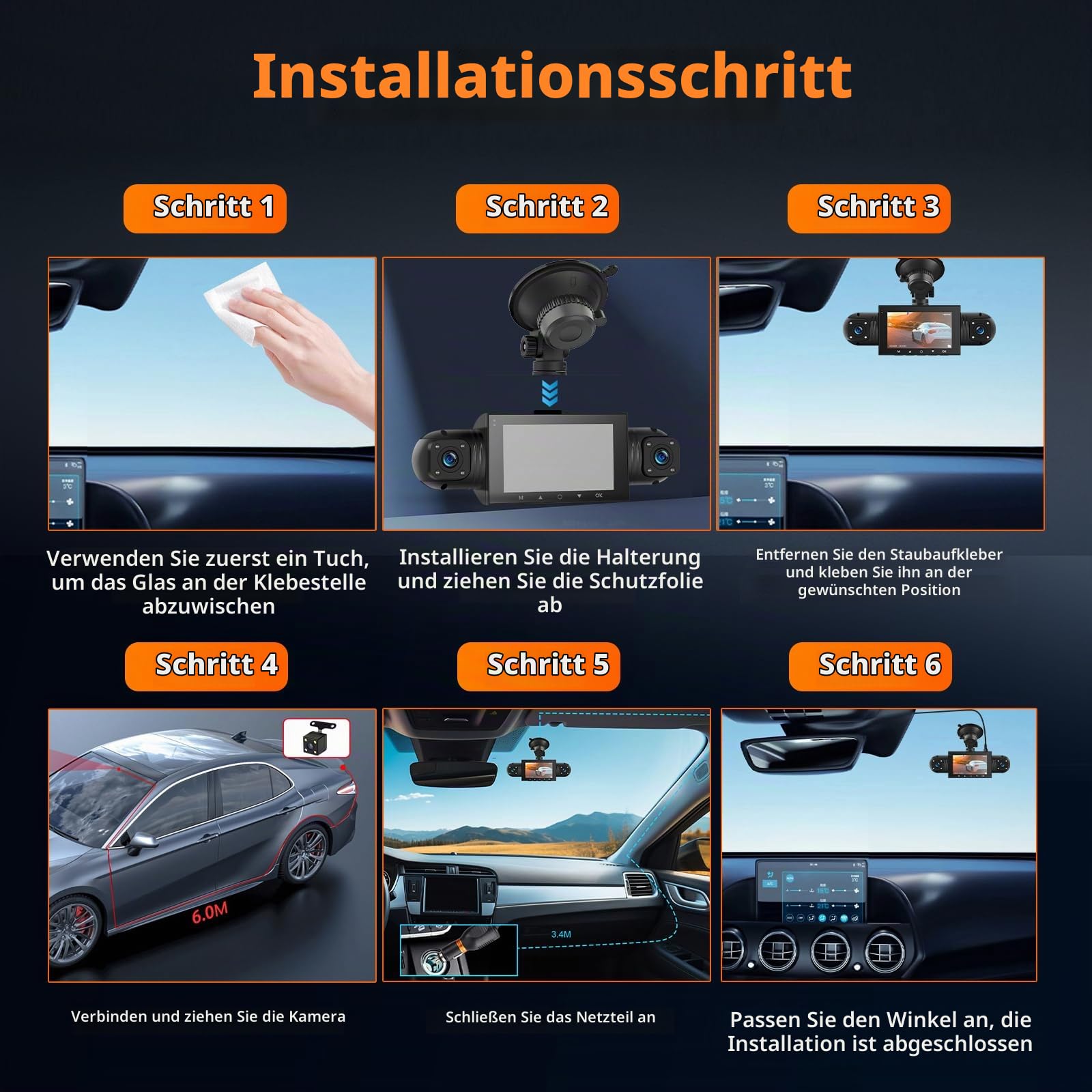 Mirror Dash Cam 4 Channel Front Rear, 3 inch Rückspiegel Kamera mit 64GB Karte/G-Sensor/Parking Monitoring/Night Vision/24H Parking Mode + Waterproof 1080P Rear Camera