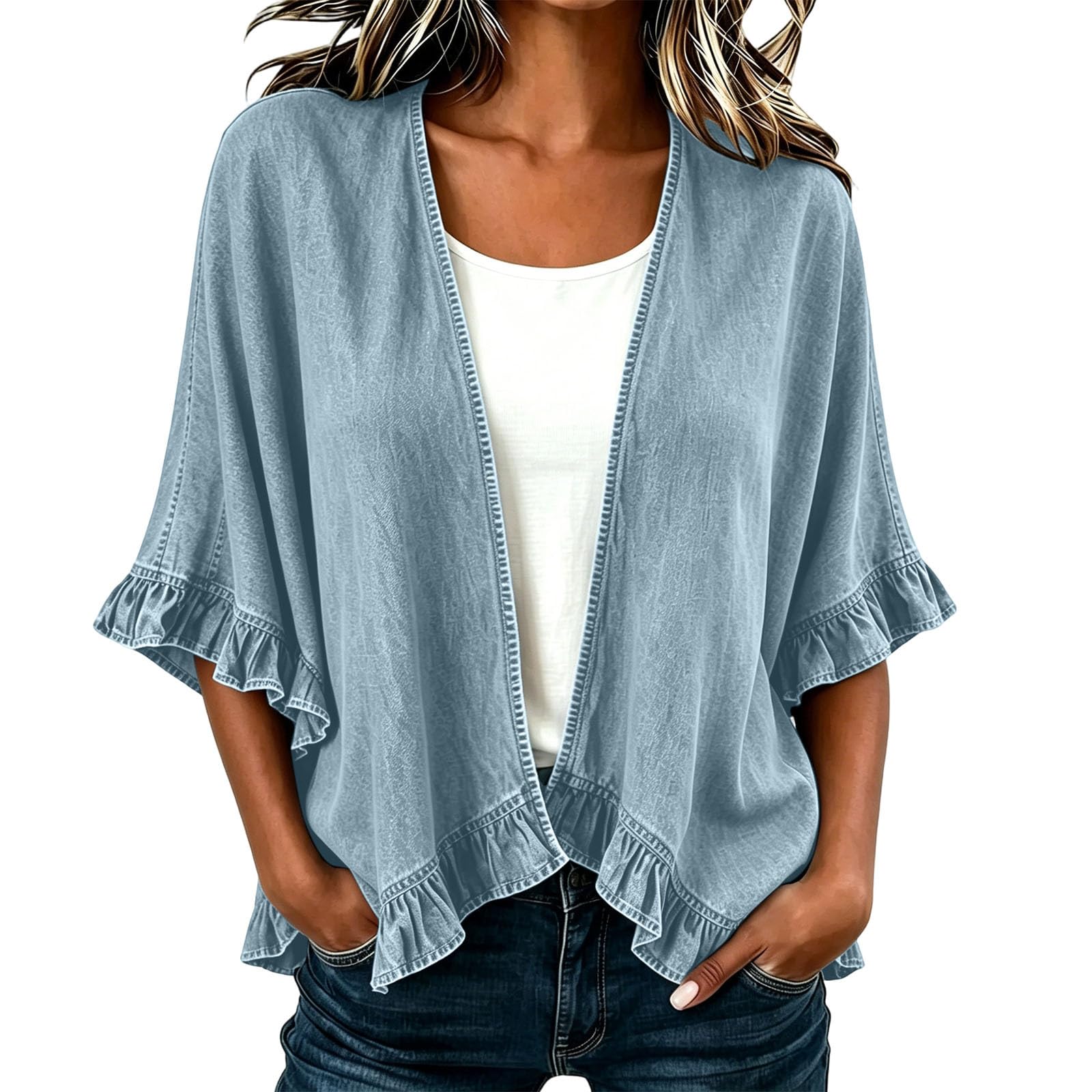 Chemise Femme Denim Légère Ouverte Manches à Volants Ample Mi-Saison Chic