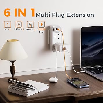 TESSAN Double Plug Adapter UK with 2 USB C, Multi Plug Extension Socket