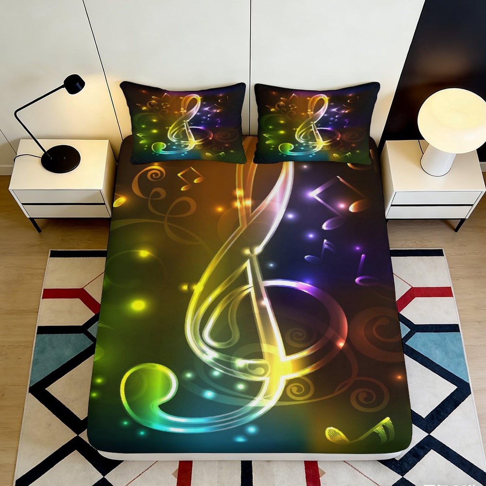 Dhbaneiok Style-4 3D Printed Colorful Music Note Fitted Sheet Microfiber Soft Breathable Abstract Melody Bed Cover For Bedroom Dorm Mattress Protection Decor 90X200x25cm
