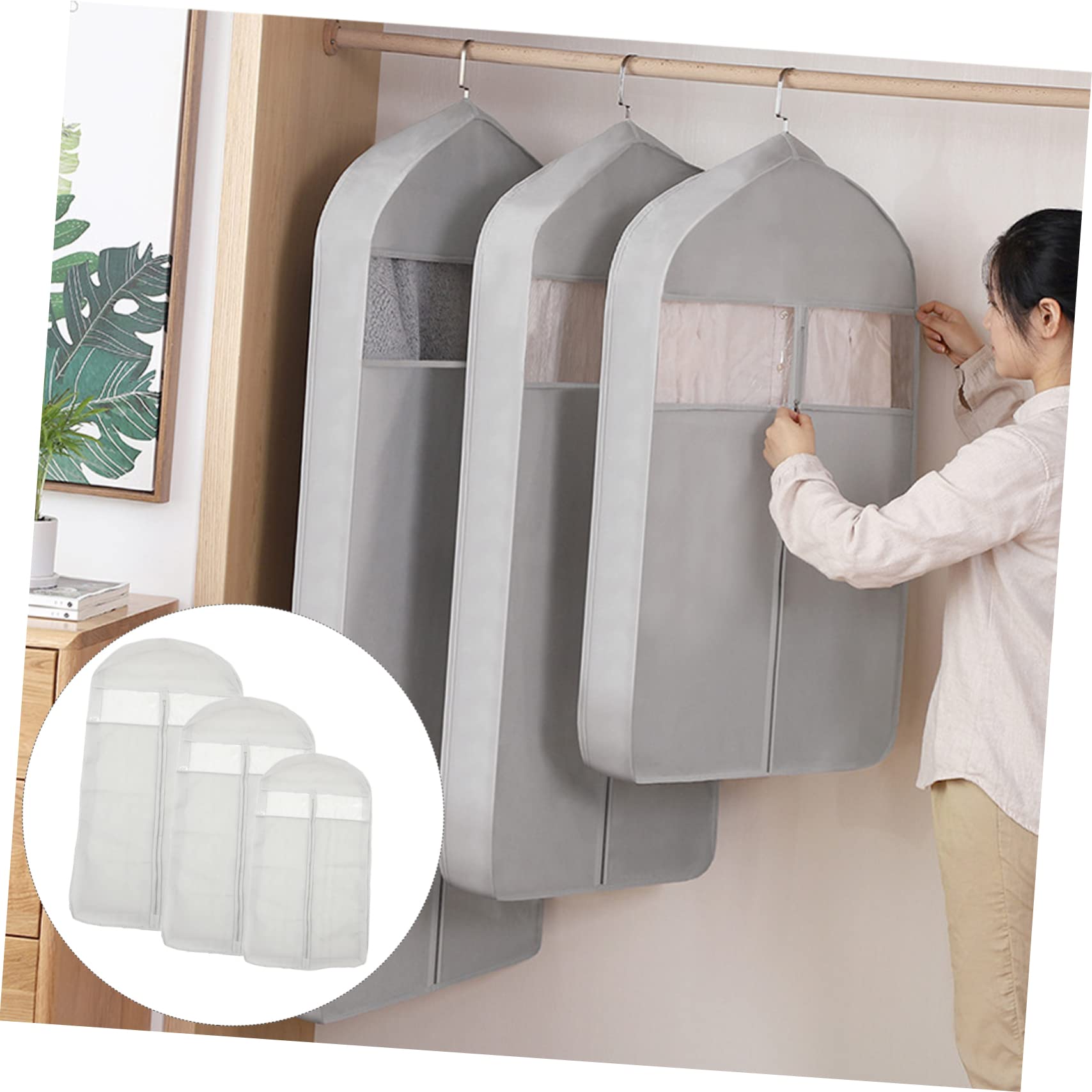 Borsa Porta Abiti con Cerniera 3 Pezzi Non Tessuto | Finestra in Pvc Trasparente, Traspirante e Riutilizzabile, per Guardaroba e Viaggio di Lavoro