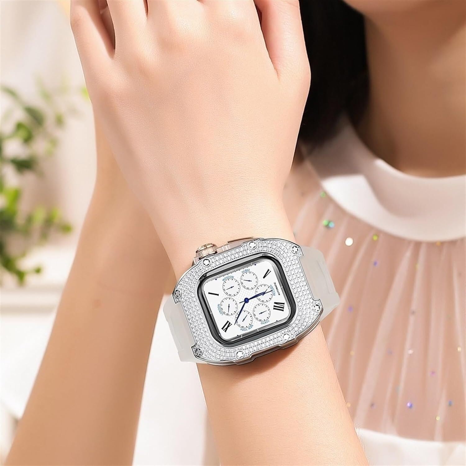 Caja de reloj de diamante + kit de modificación de correa de reloj de goma, para iWatch 8 7 6 5 4 SE, correa de reloj de negocios de moda para mujeres y niñas, para iWatch de 40 mm y 41 mm
