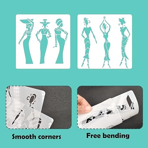 Miniatura 3 de Paquete de 2 plantillas tribales, plantillas de dama africana, plantillas reutilizables para pintar en papel, madera, azulejos, lienzo, decoración