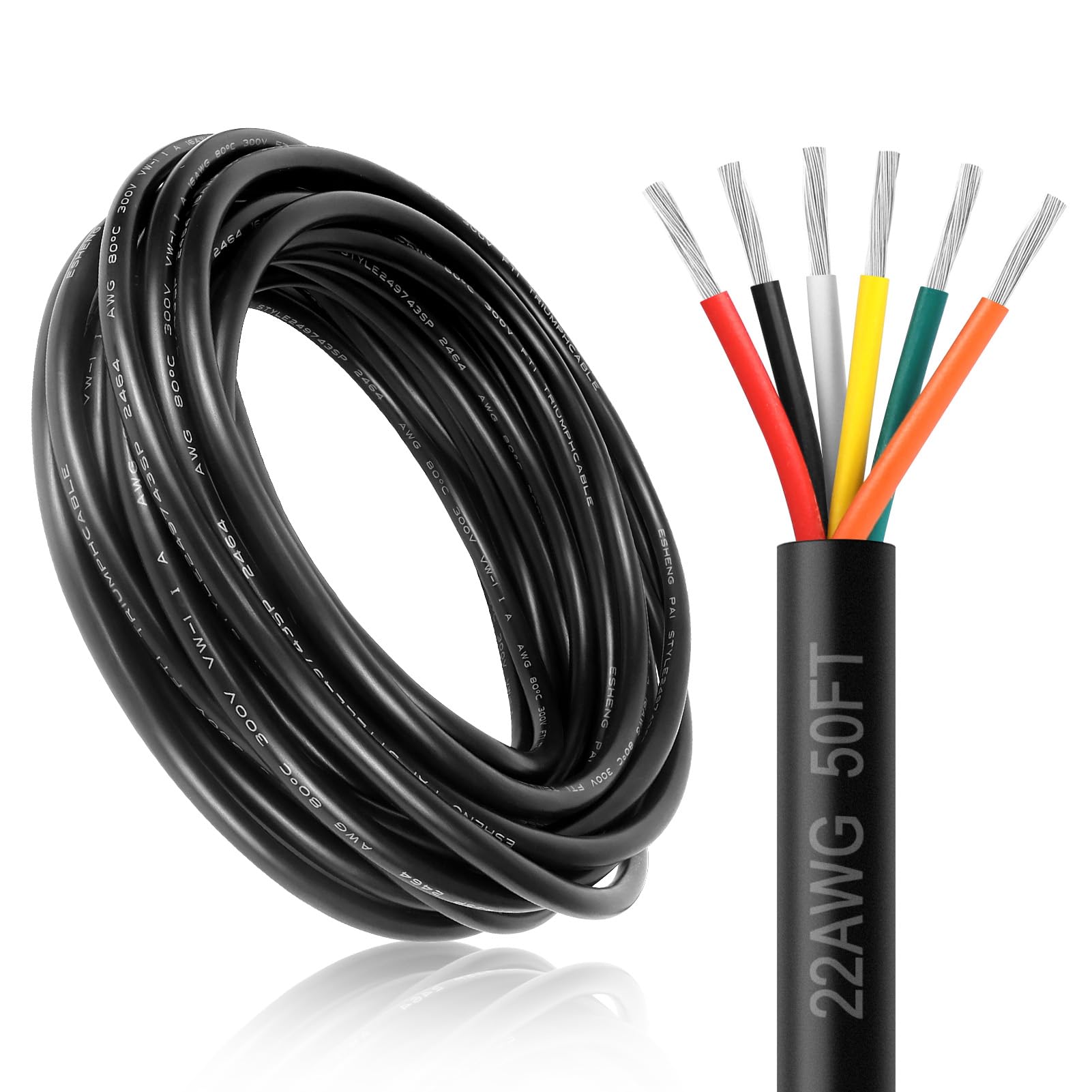 22 Gauge 6 Conductor Electrical Wire, 50FT 22AWG Black PVC Stranded Tinned Copper 6 Wire Cable, 22/6 Cord Extension Cable