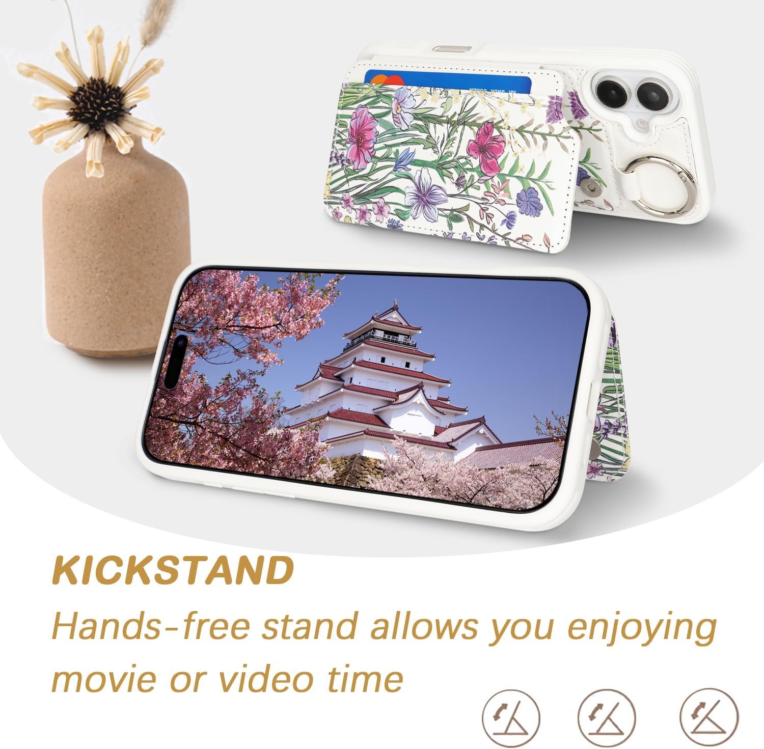 Ｈａｖａｙａ for iPhone 16 Plus Case Wallet with Card Holder Keychain Ring Stand PU Leather Phone case Floral Flower with Credit Card Slots Women Men-White Flower 1
