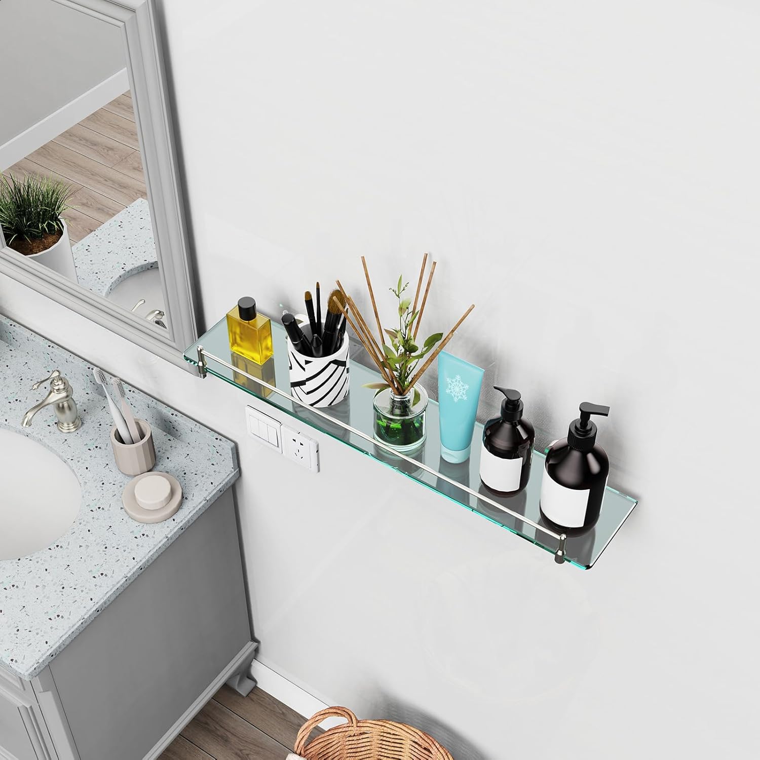 24 inch glass bathroom shelves,brushed nickel floating shelves for wall rectangular modern stainless steel glass shelf for bathroom shelves wall mounted brushed nickel 24"with railing