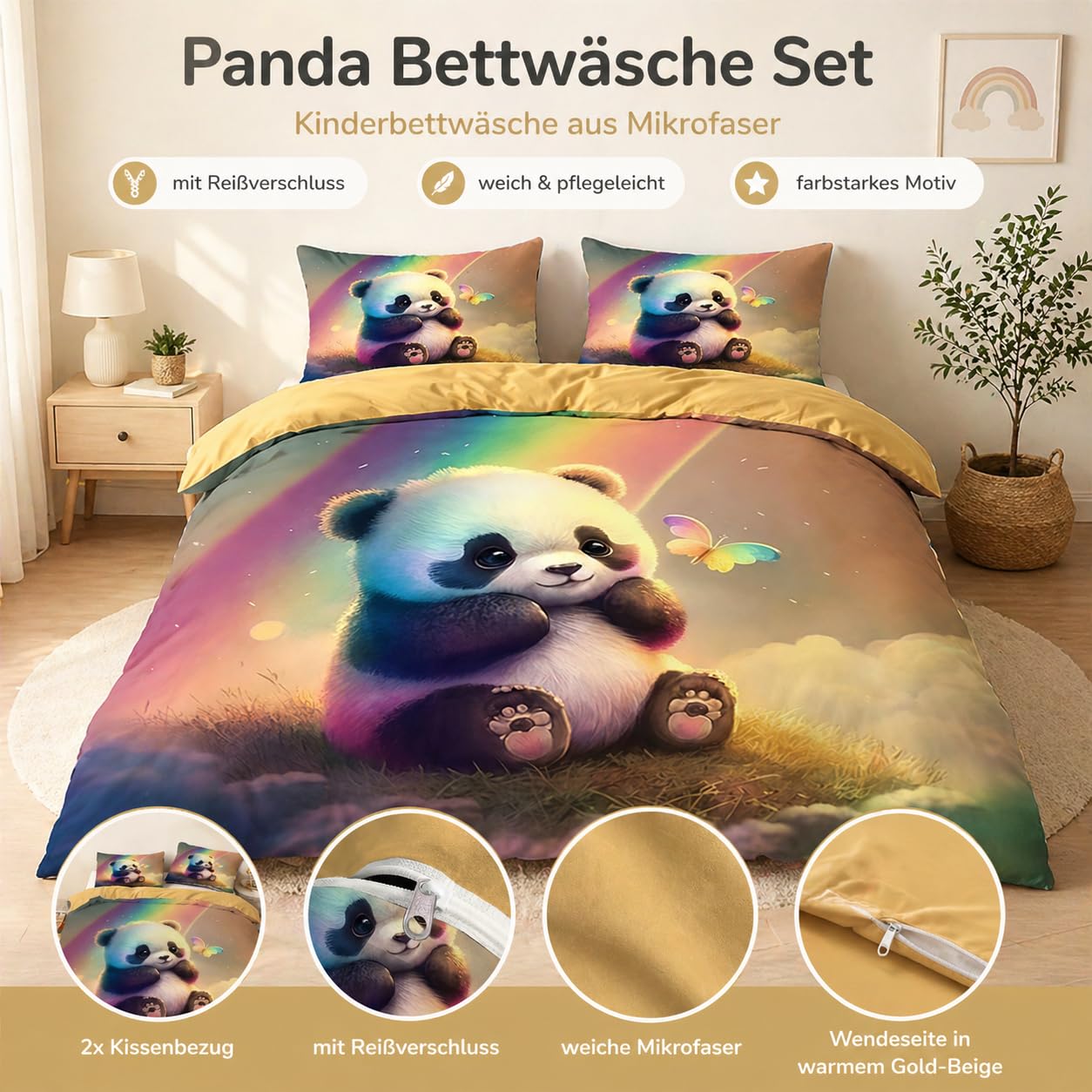Kinder Bettwäsche-Set mit Panda-Motiv, 220x240 cm, Kissenbezug 80x80 cm, Mikrofaser