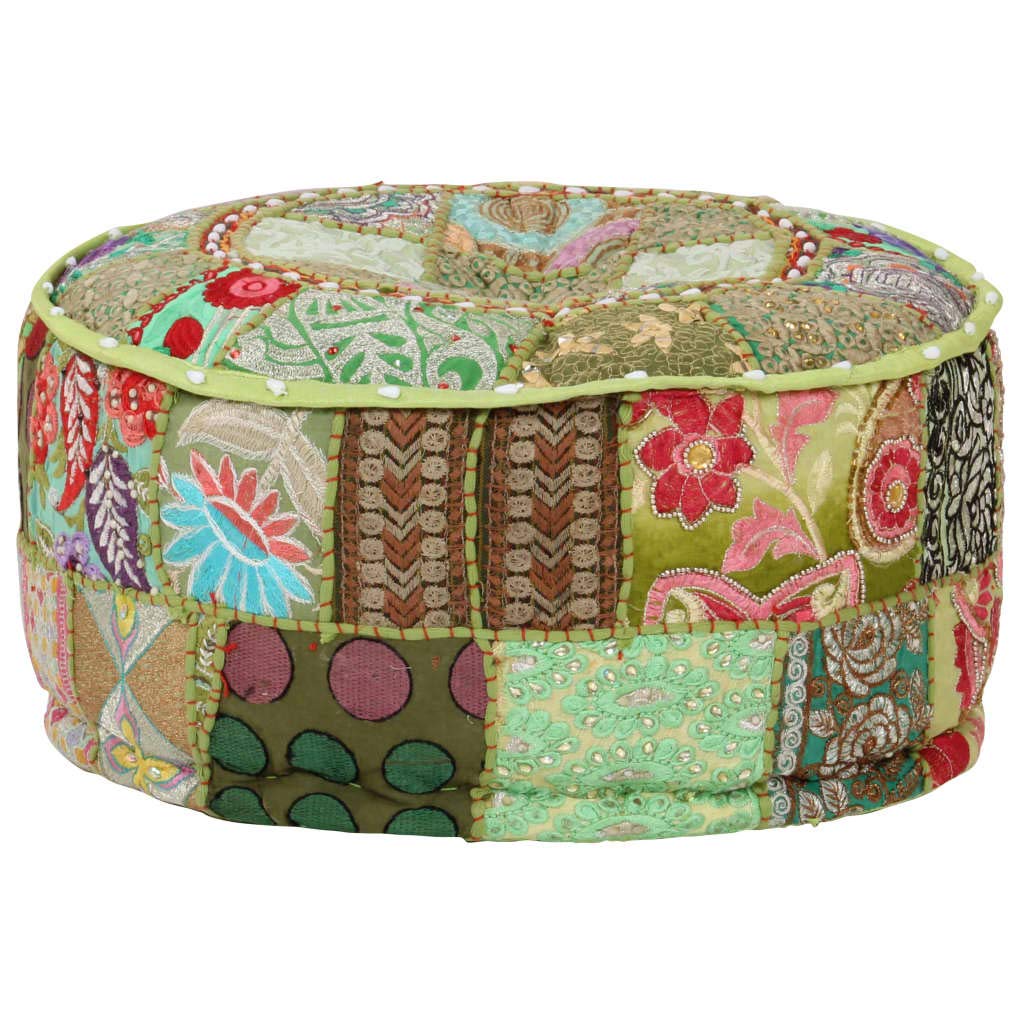 Pouf rond en coton fait main 40x20 cm vintage vert brodé d'exception