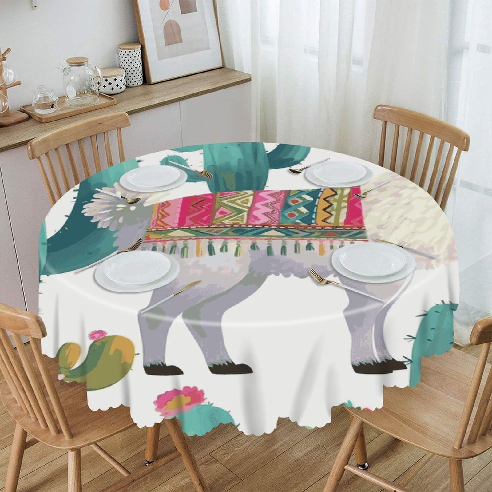 VstaDank - Tropical Alpaca Cactus Flowers Round Tablecloth 60 Inch Easy Clean Round Thick Decorative Polyester Tablecloth for Dining Kitchen Party Farmhouse Outdoor