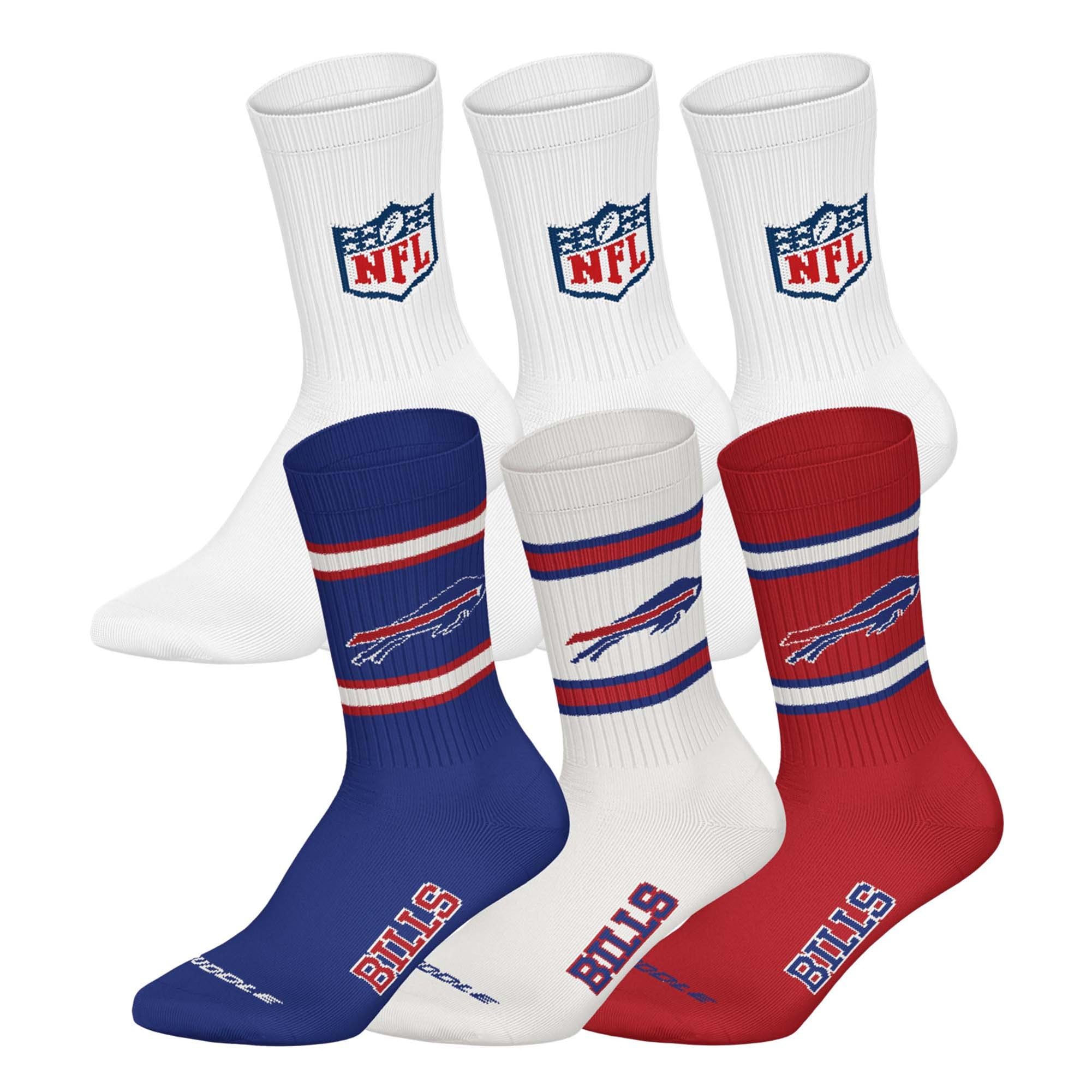 NFL Unisex Team Crew Socks, Buffalo Bills, White, 39-42, Pack of 6