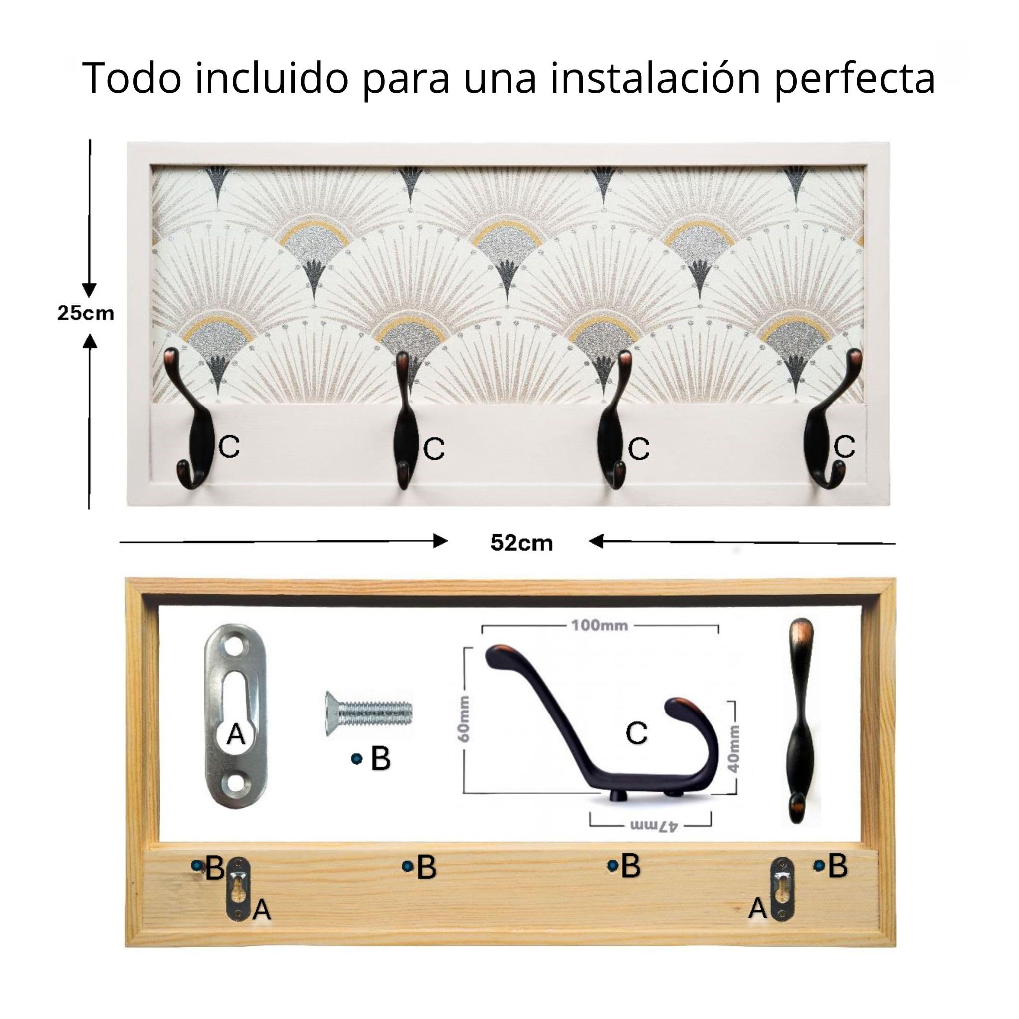 Perchero Pared Madera 52x25cm Art Décó Blanco 4 Ganchos | Hecho en España. 4 ganchos dobles (8 colgadores) para ropa y abrigos. Ideal para entrada, salón u oficina.