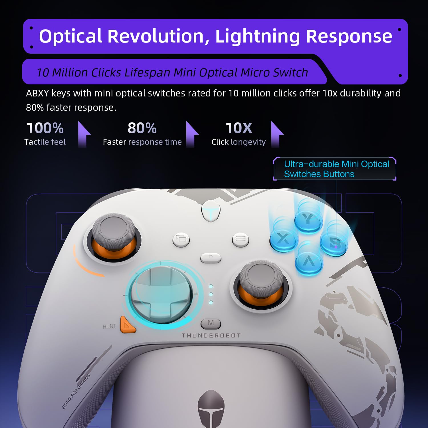 Thunderobot G80 Controller Wireless per NS/PC/iOS/Android - Joystick Hall a 1000Hz, Sensore Gyro a 6 Assi, Joystick Intercambiabile, Trigger Hall+Micro, Vibrazione 2+2, Dock di Ricarica RGB, Bianco