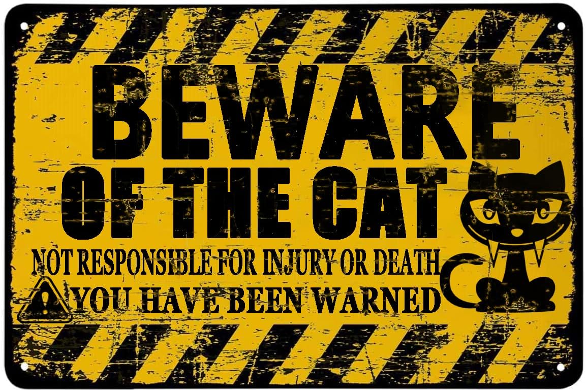 Beware of Cat Sign, Aluminum 12"x 8" Funny Attack Cat Sign Warning Signs,Professional Graphics- Pre-Drilled Holes for Easy Mounting Outdoor Use for Fence Door or Gate (Cat)