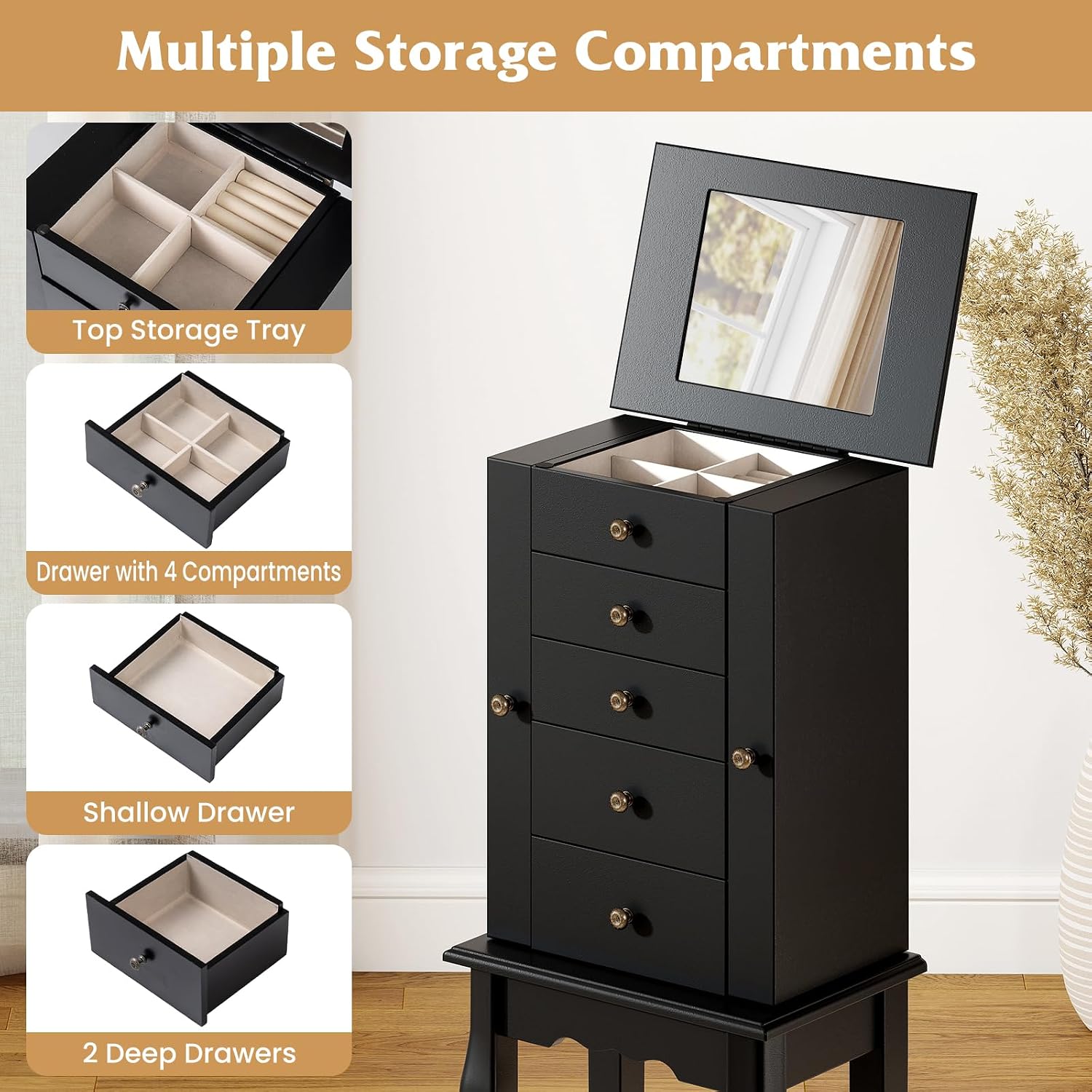 COSTWAY Standing Jewelry Armoire Cabinet, Wooden Jewelry Storage Chest with 5 Drawers, 2 Side Doors & Flip Top Mirror, Top Divided Compartments Jewelry Cabinet for Women (Black)