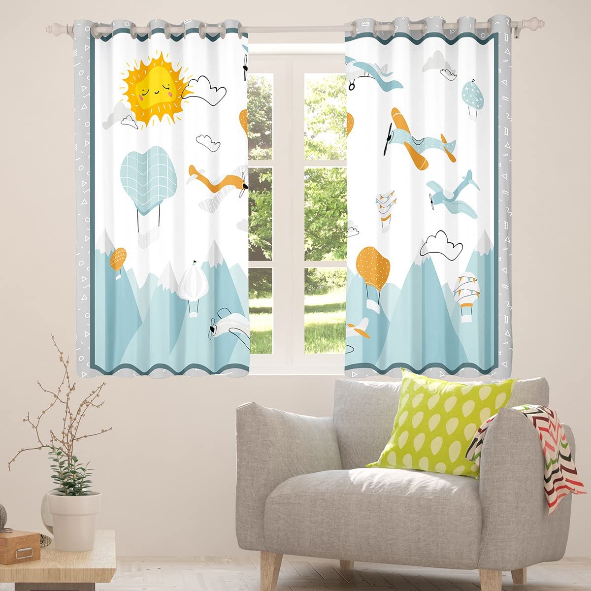 Rideau de fenêtre d'avion pour enfants, motif montgolfière, soleil, nuage, ciel pour filles et garçons, rideaux de traitement de fenêtre d'aviation à imprimé montagne, rideaux pour salon, 117 x 137 cm