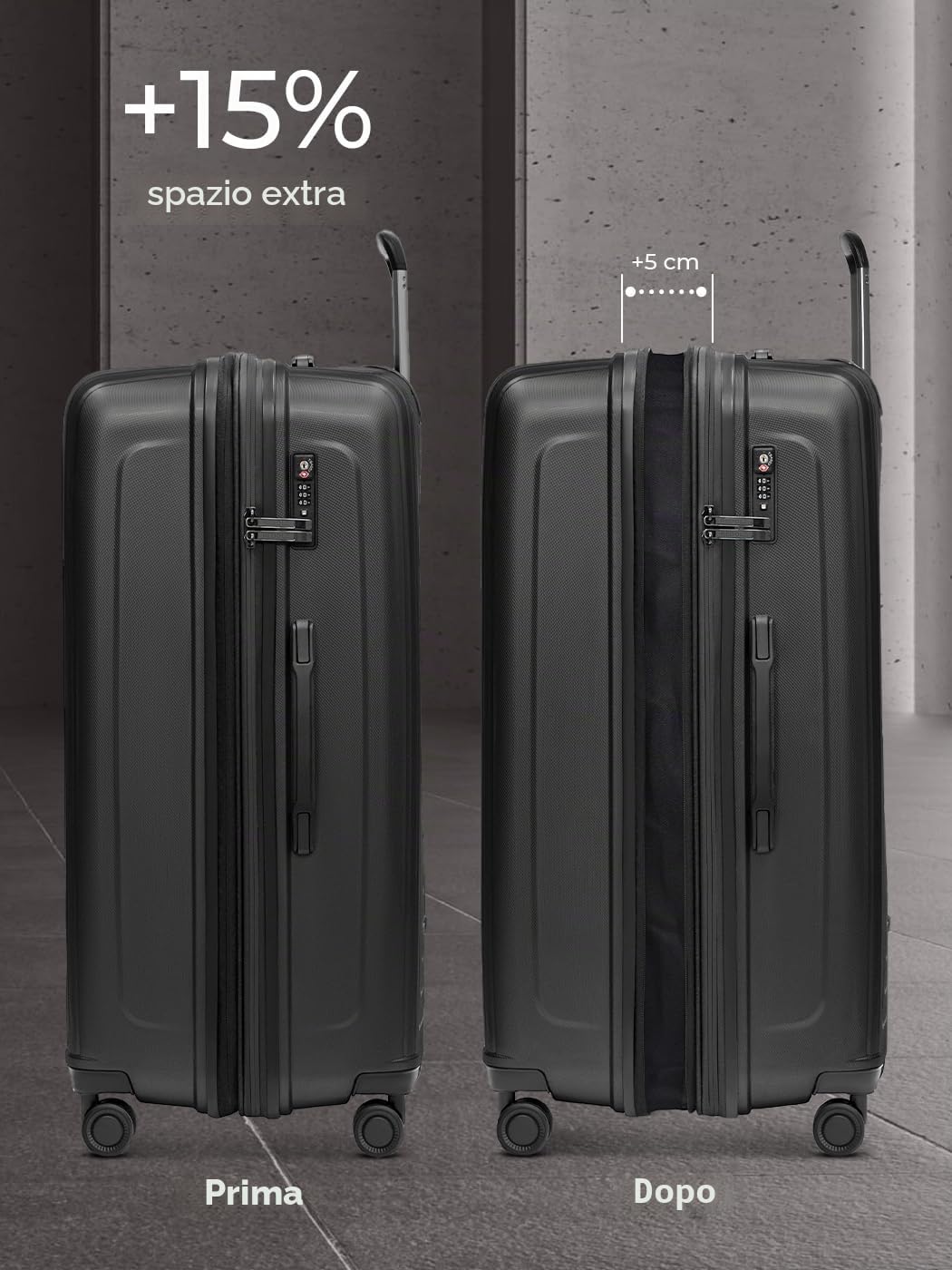 REDOLZ Set di valigie rigide 3 pezzi | S 55 cm con tasca laptop + M 66 cm + L 77 cm | Espandibili con soffietto | Ultra leggere | 4 ruote & TSA (Essentials 14)