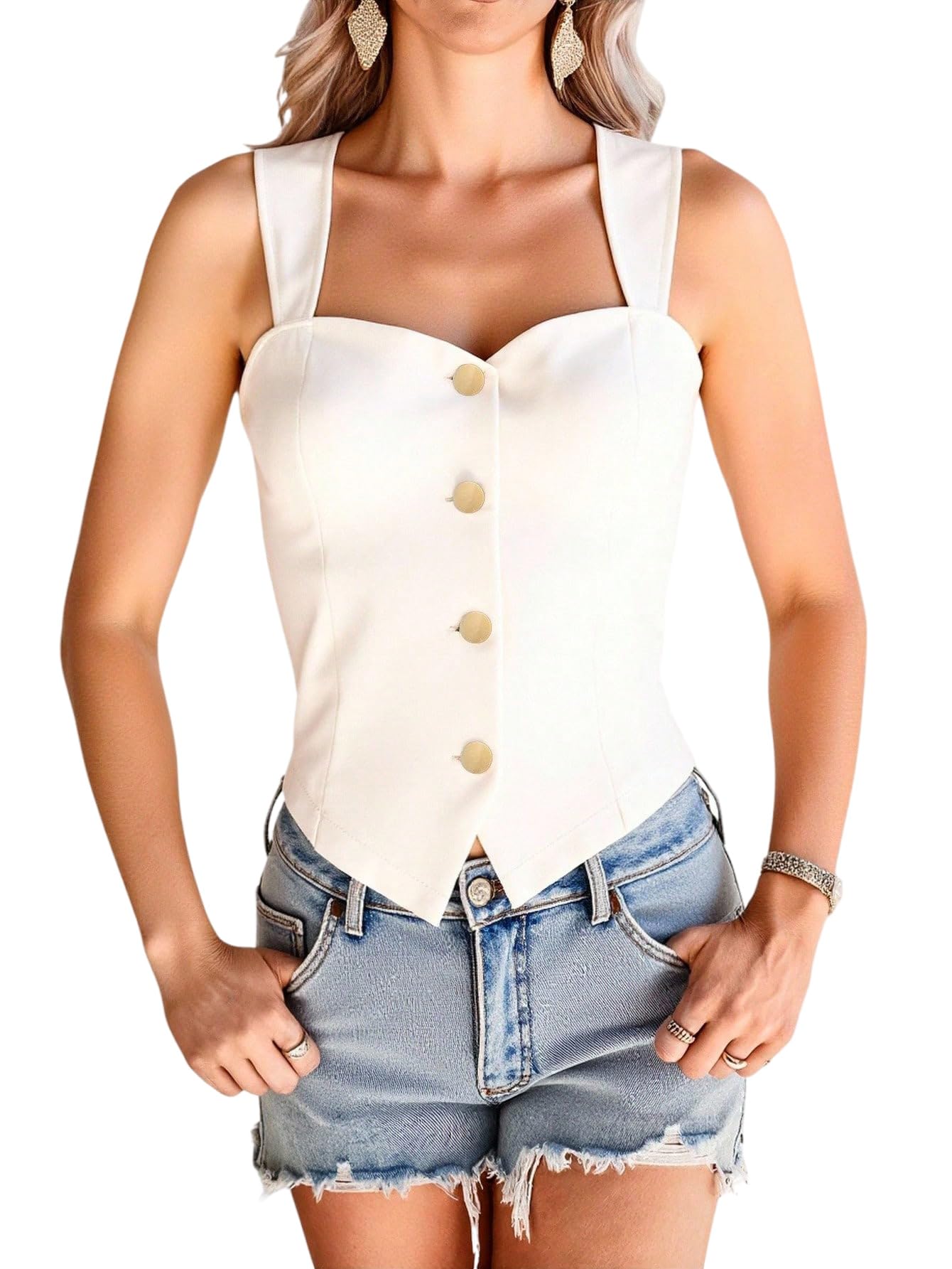 Womens Button Up Cropped Vest Elegant Sweetheart Neckline Sleeveless Business Casual Tank Tops