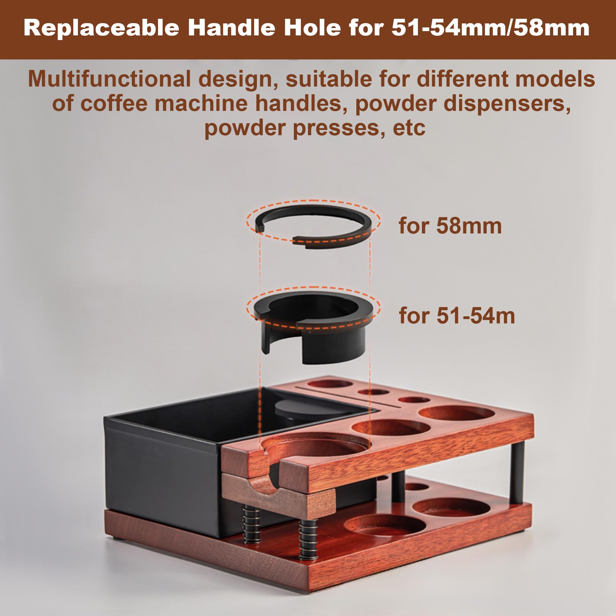 Espresso Knock Box - Estación de apisonamiento con 8 agujeros, 4 ranuras para tarjetas, caja organizadora de café expreso de madera maciza, apta para distribuidores de 51 a 58 mm, accesorios