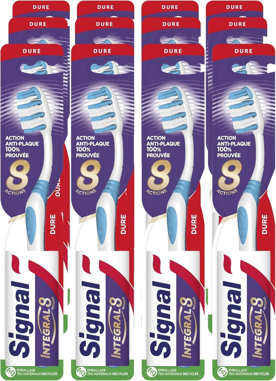 SIGNAL – Brosse à Dents Integral 8 Soin Complet – Action anti-plaque 100% prouvée – Emballage avec 75% de matériaux recyclés – Dure (lot de 12 brosses à dents), Couleur Aléatoire