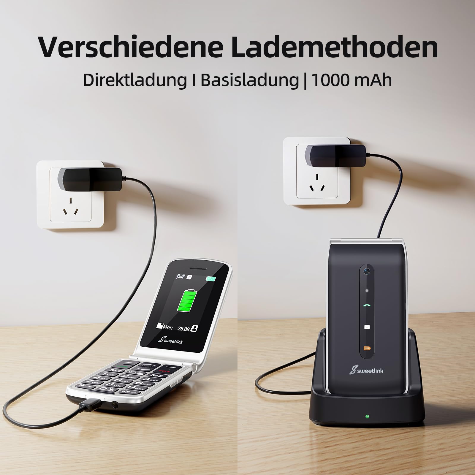 SweetLink F1PLUS Seniorenhandy Klapphandy Ohne Vertrag, Großtastenhandy mit Ladestation, GSM Flip Mobiltelefon SOS Notruffunktion, 1000mAh Akku, Taschenlampe, FM-Radio, 2,4 Zoll Farbdisplay, Schwarz