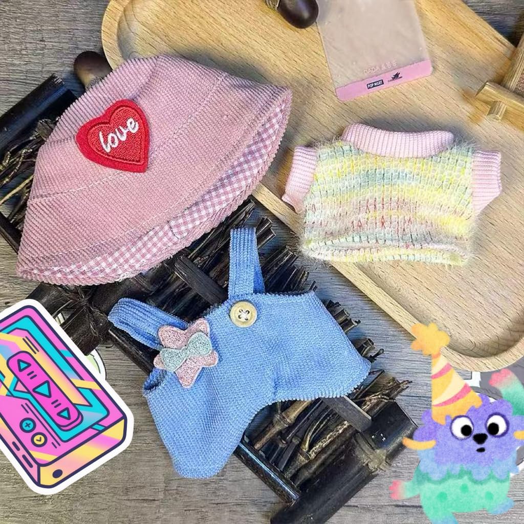 Clothes for Labubu(NO Doll) - 15cm/17cm Doll Accessories Suit, Cute Outfit with Accessories - Colorful T-Shirt, Star Light Blue Romper and Heart Shaped Pink Hat