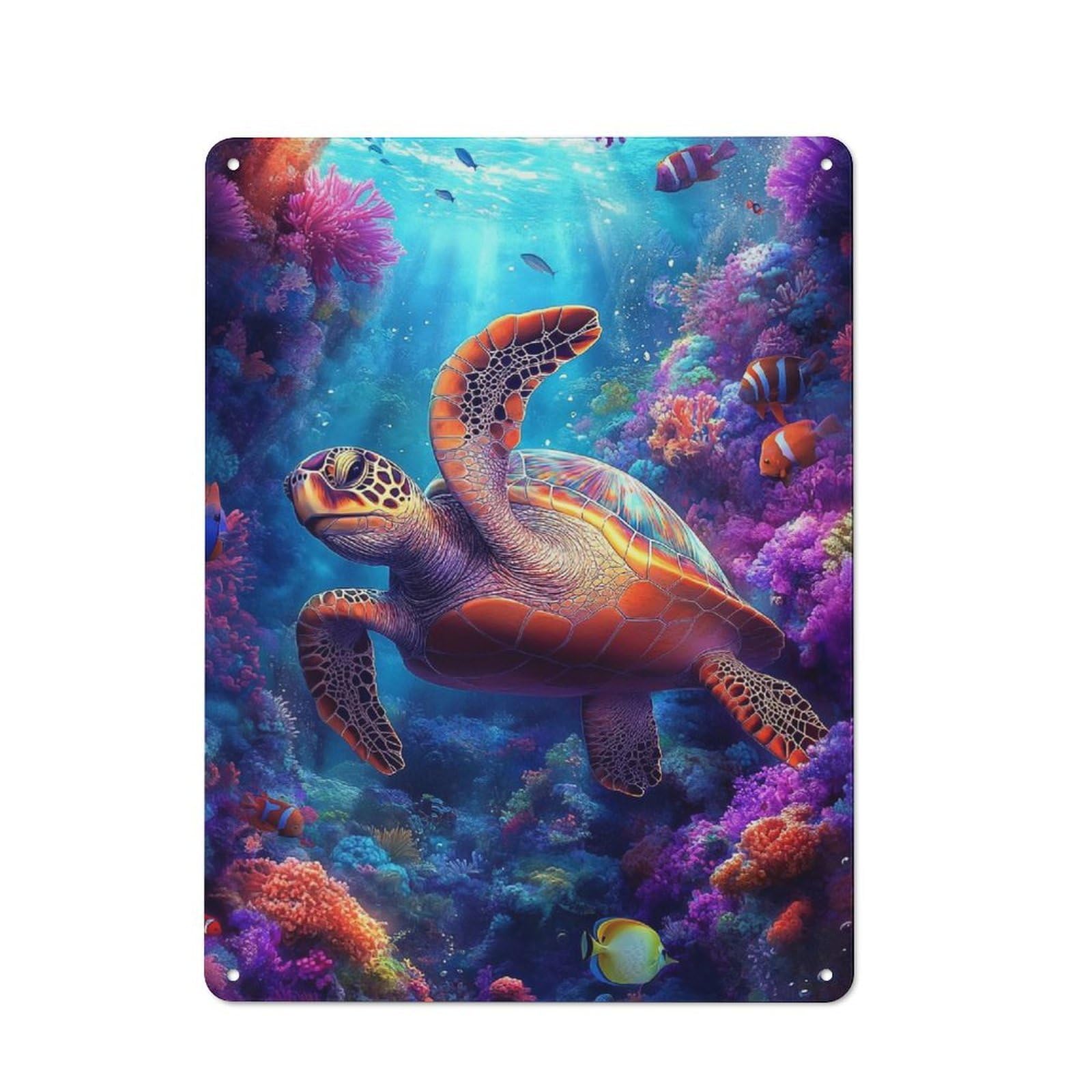 Sea Turtle in Coral Reef Industrial-style Tin Sign 40x30cm for Living Room Wall, for Metal Sign Collectors, for Garage And Workshop Walls