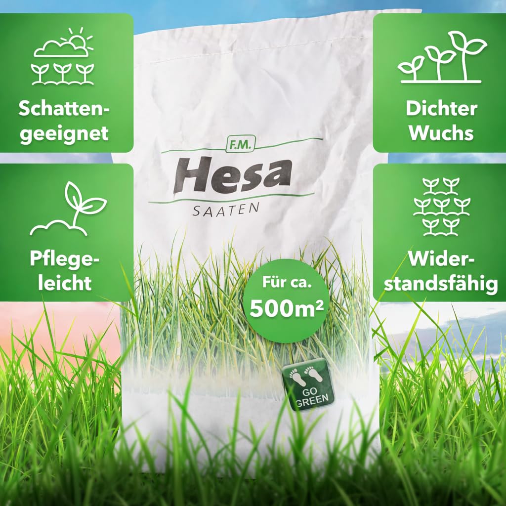 Hesa RSM 7.4 Graines de gazon ombragé, 10 kg pour environ 500 m², graines de gazon de qualité professionnelle pour l'ombre et la mi-ombre, graines de gazon pour surfaces ombragées et post-semis