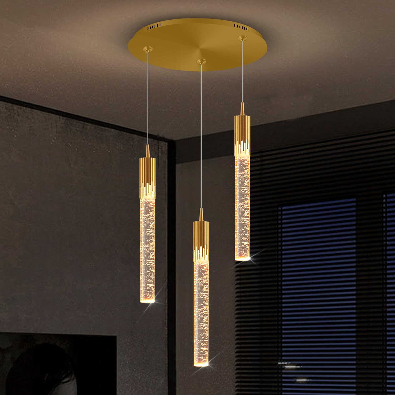 SYAXVOM Mini Gold Crystal Chandelier - Integrated Pendant Light 3-Light Modern Lighting for Kitchen Island Remote Control Fixture Elegant Home Decor