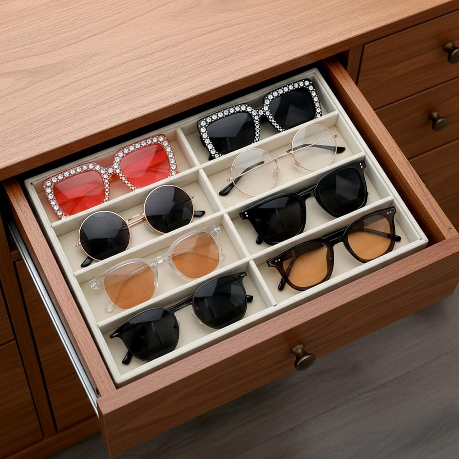 MAQUITA 2 Pcs Drawer Sunglass Organizer, Velvet Sunglass Display Tray | Scratch-Free, 8-Slot