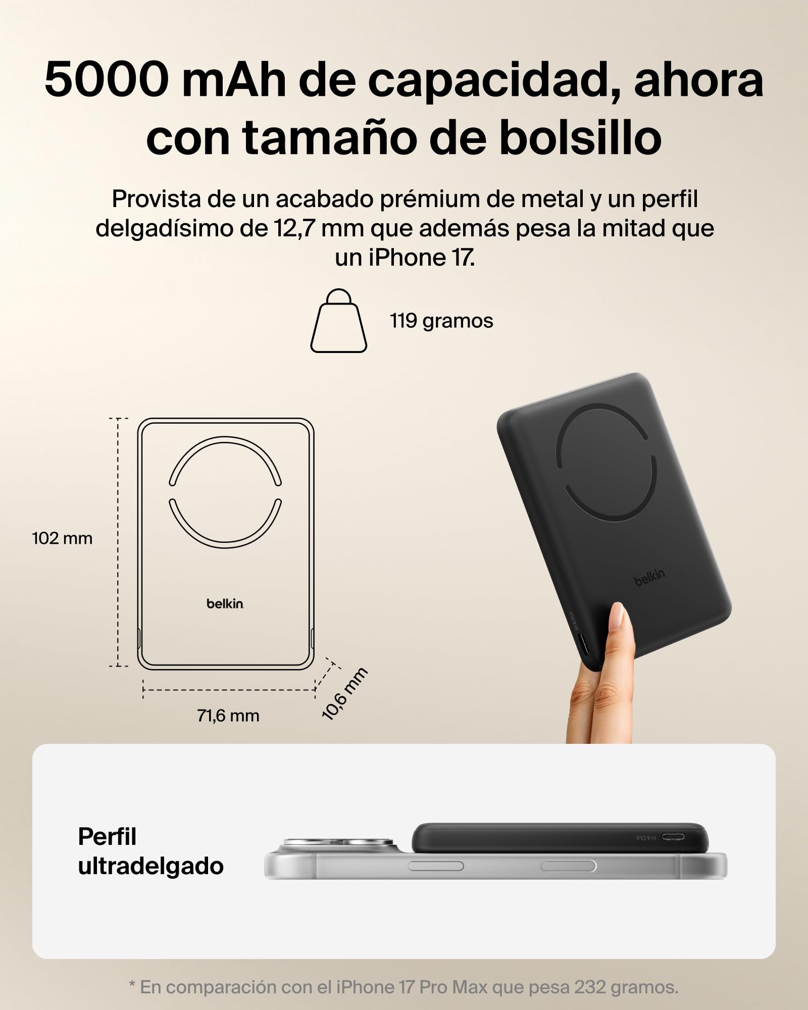 Belkin BoostCharge Batería Externa 5000 mAh con Anillo Magnético - Negro | Power Bank 5000 mAh, Anillo Magnético para Accesorios, 1 Puerto USB-C, Precargada y con Cable, Batería Portátil Inalámbrica