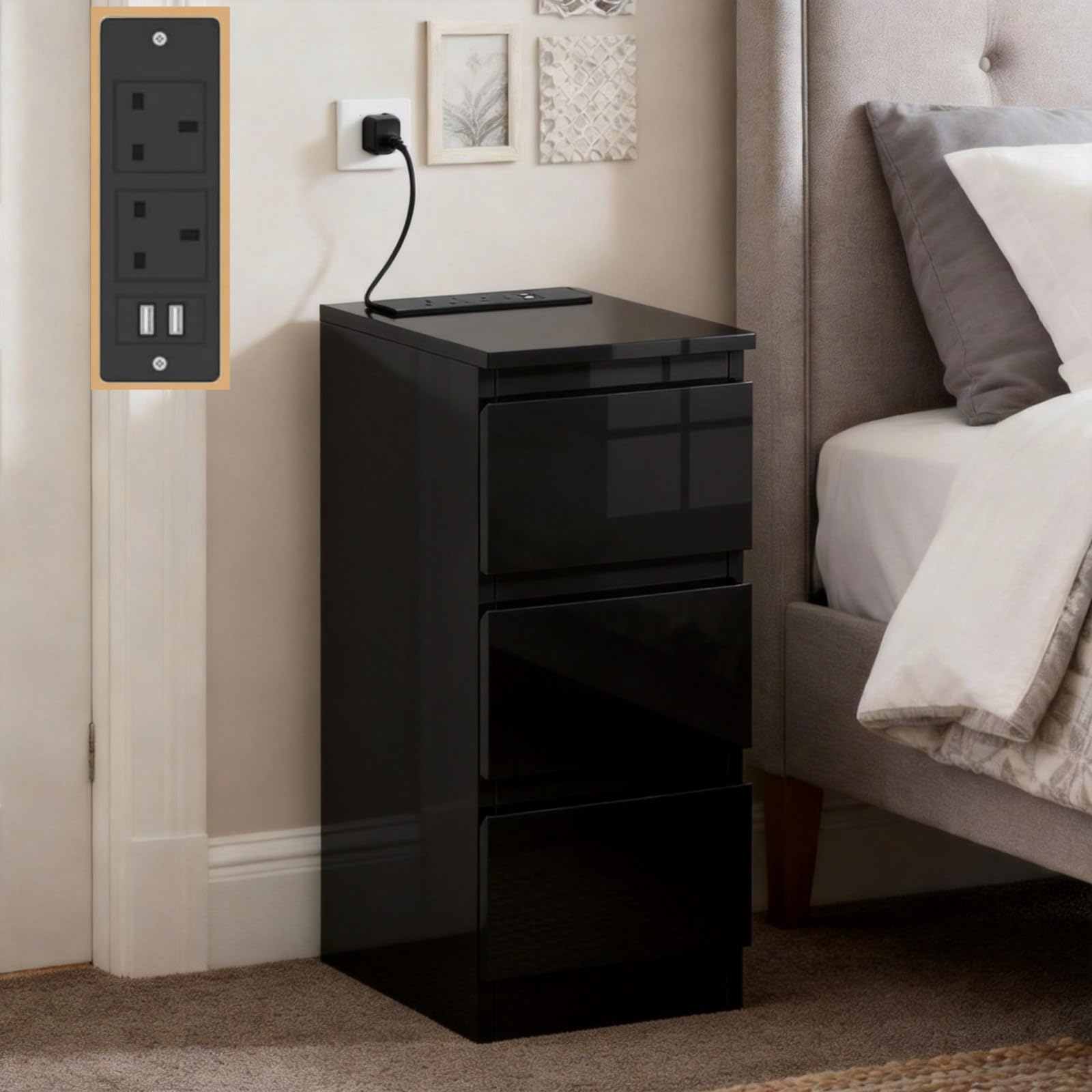 Homullel 25cm Narrow Bedside Cabinet 3 Drawers Slim Bedside Table with Charging Station Small Nightstand Bed Side Table for Bedroom Living Room (3 Drawers+Charging, High Gloss Black)