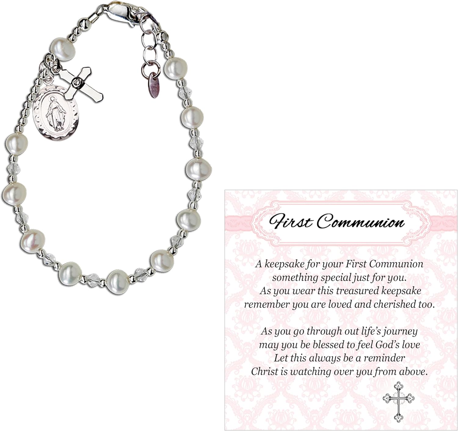 Cherished Moments Girls .925 Sterling Silver and 14K Gold-Plated Cultured or Simulated Pearl Bracelets for First Communion Gifts with Poem and Gift Box
