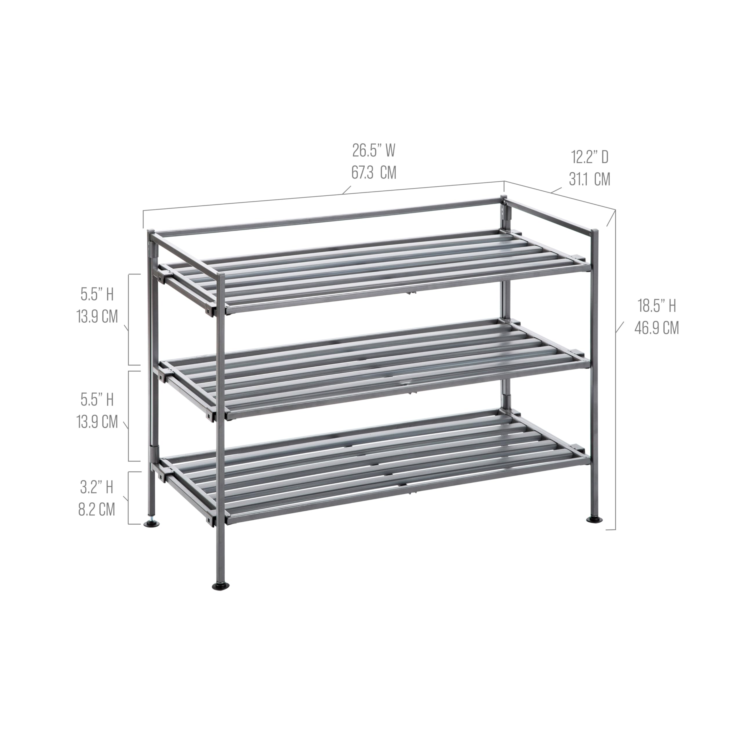 Seville Classics Stabiles, freistehendes Aufbewahrungsregal für Schlafzimmer, Schrank, Eingangsbereich, Schlafsaal, Organizer, stapelbar, langlebiges Metall-Schuhregal, aschgraue Lamelle, 3 Ebenen