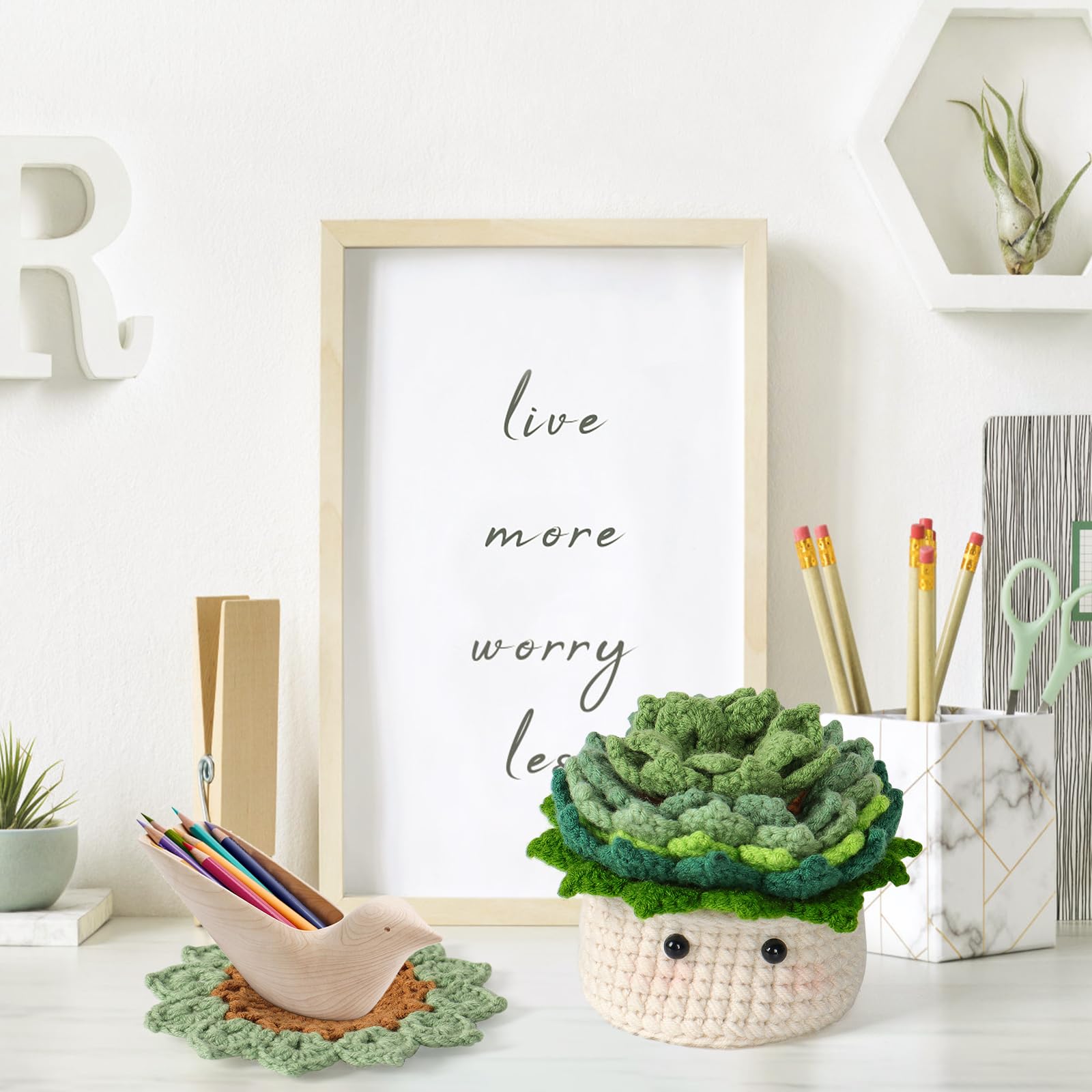Weldomcor Häkelset für Anfänger, Häkel-Starterset Fleshiness, Blumentopf Pflanze Anfänger Häkelset, für DIY-Handarbeiten mit Häkelnadeln, Buntes Garn, Stichmarkern, Zubehör, Anleitung (Grün)