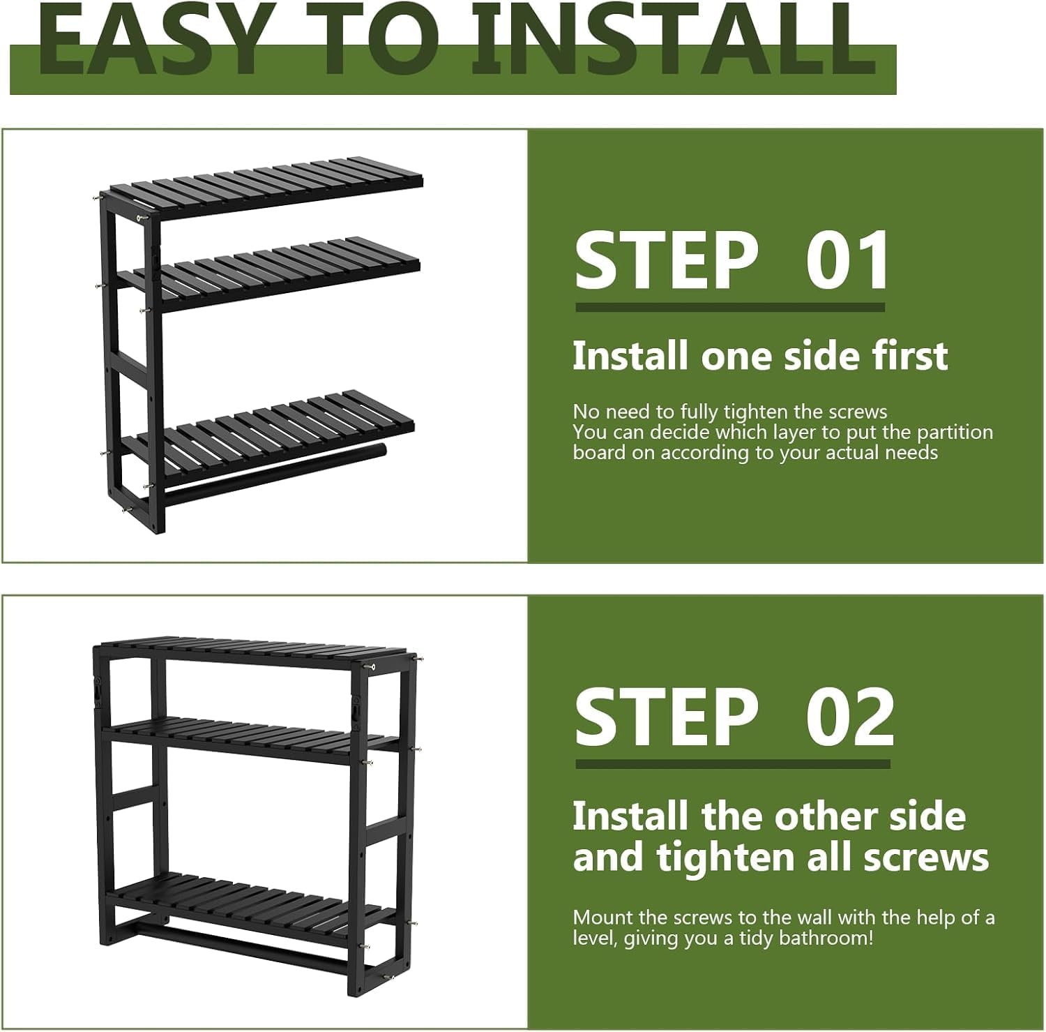Over The Toilet Storage Bathroom Shelves Wall Mounted 3 Tier Space Saver Corner Shelf Organizer Bamboo Towel Rack Toilet Paper Cabinet with Hanging Rod Black Sets