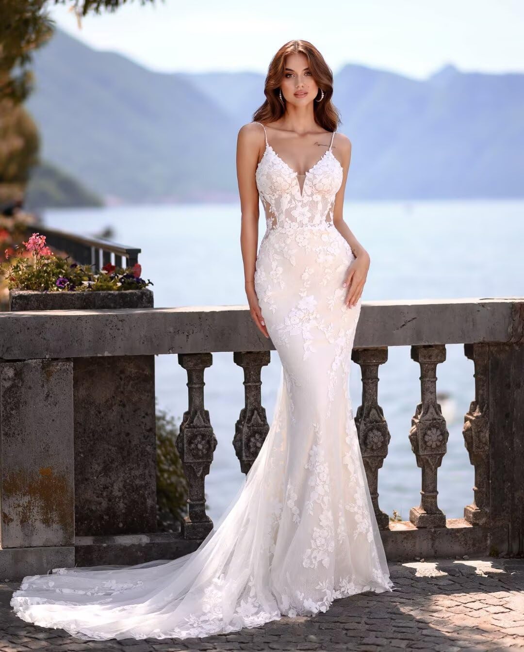Damen Boho Meerjungfrau Brautkleider Lang Korsett Spitzenapplikationen Hochzeitskleid Mit Schleppe