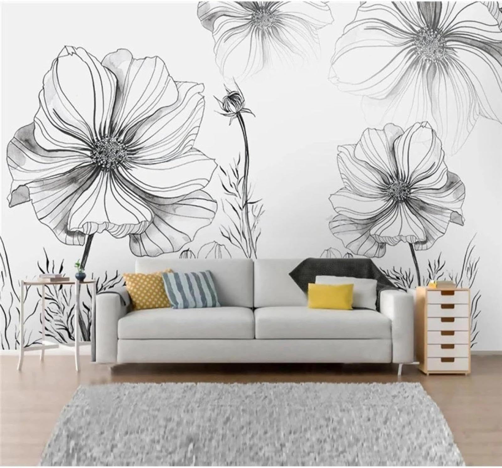 XLMING Hand Drawn Black and White Line Art Flowers Art 3D Wallpaper Luxury Home Dining Decor Paste Sofa Living Room The Wall for Bedroom Mural-350cm×256cm