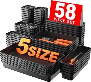 A-LUGEI【𝟱𝟴𝗣𝗰𝘀】【5 Size】 Tool Box Organizer Tray Divider Set, 【Black】 Desk Drawer Organizer, Garage Organization and Storage Toolbox Accessories Rolling Tool Chest Cart Cabinet WorkBench Small Part
