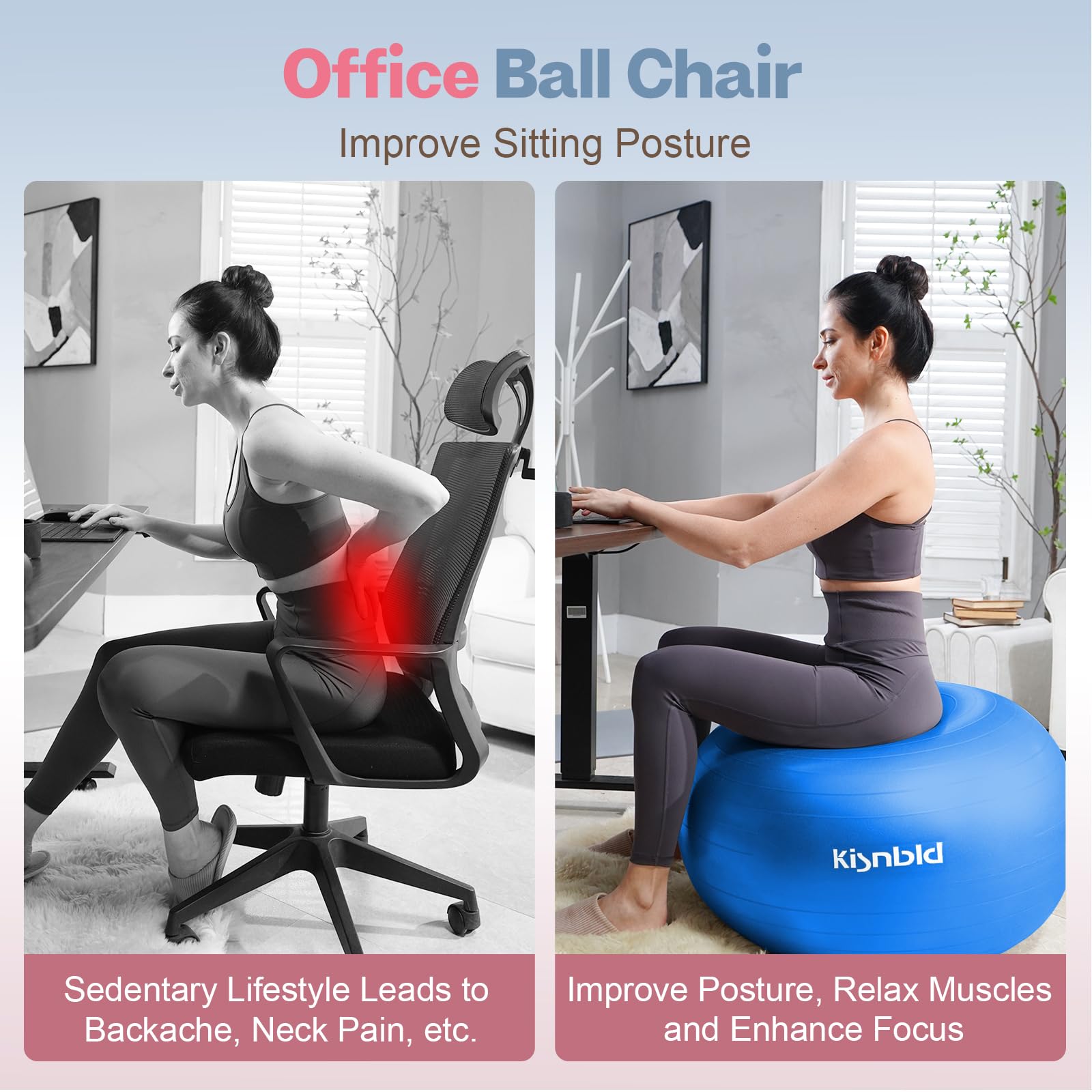kisnbld Exercise Ball, Extra Thick Yoga Ball for Workout Pregnancy Stability, 4 Sizes Anti-Burst Balance Ball with Foot Pump - Heavy Duty Fitness Ball Chair for Office, Home & Gym 1