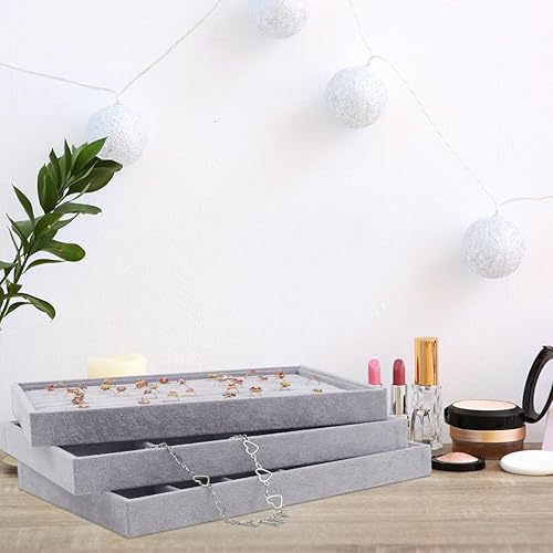 Miniatura 5 de Rocutus Bandejas de joyería, paquete de 3 bandejas apilables de terciopelo organizador de joyas, bandeja organizadora de anillos divididos para