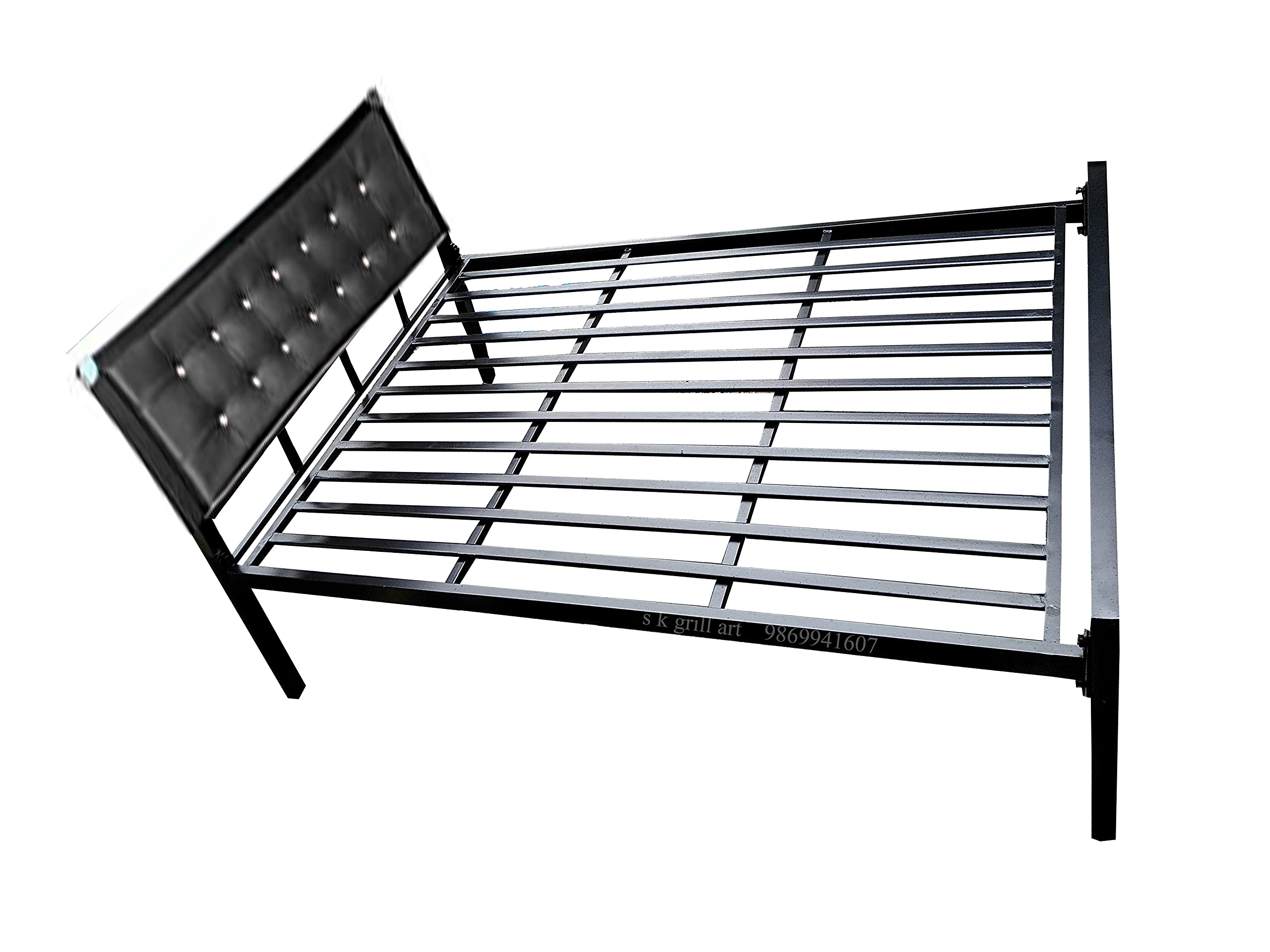 s k grill art Metal Bed Frame Without Mattress (5 x 6 feet, Black Cushion in headboard) 1