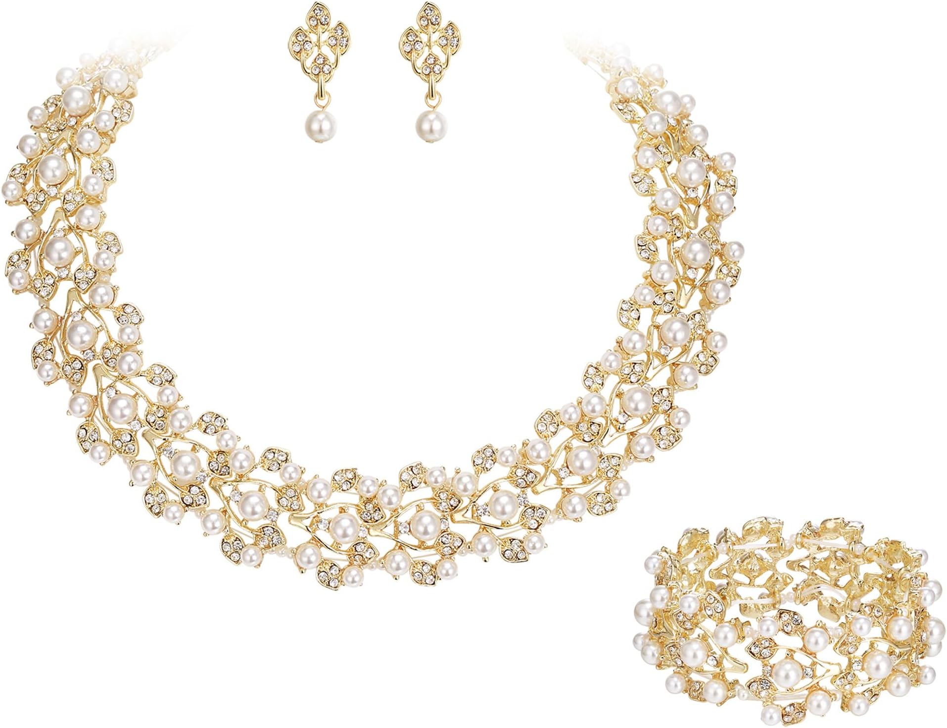 Austrian Crystal Bridal Cream Simulated Pearl Leaf Luxury Necklace Earrings Bracelet Set
