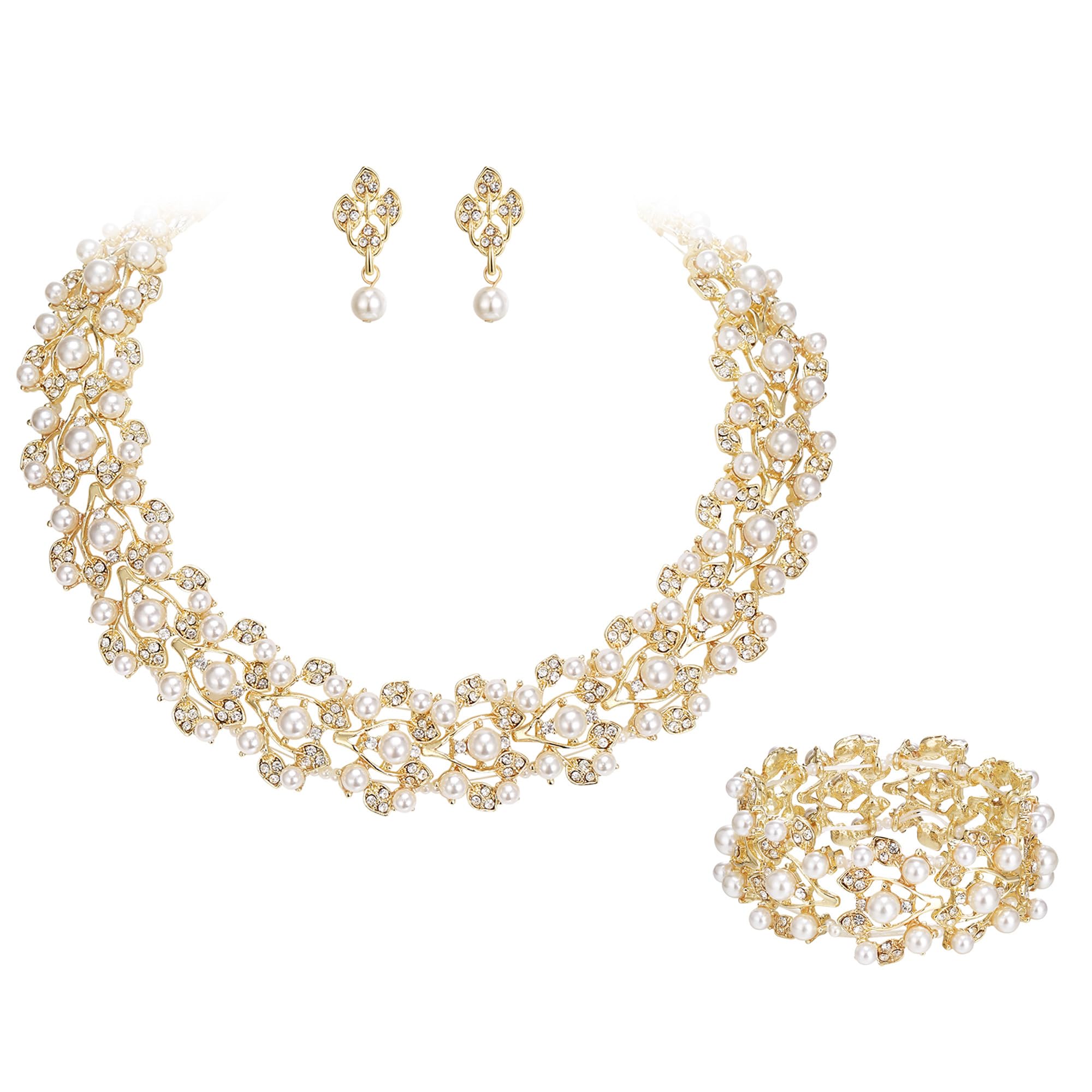 Austrian Crystal Bridal Cream Simulated Pearl Leaf Luxury Necklace Earrings Bracelet Set
