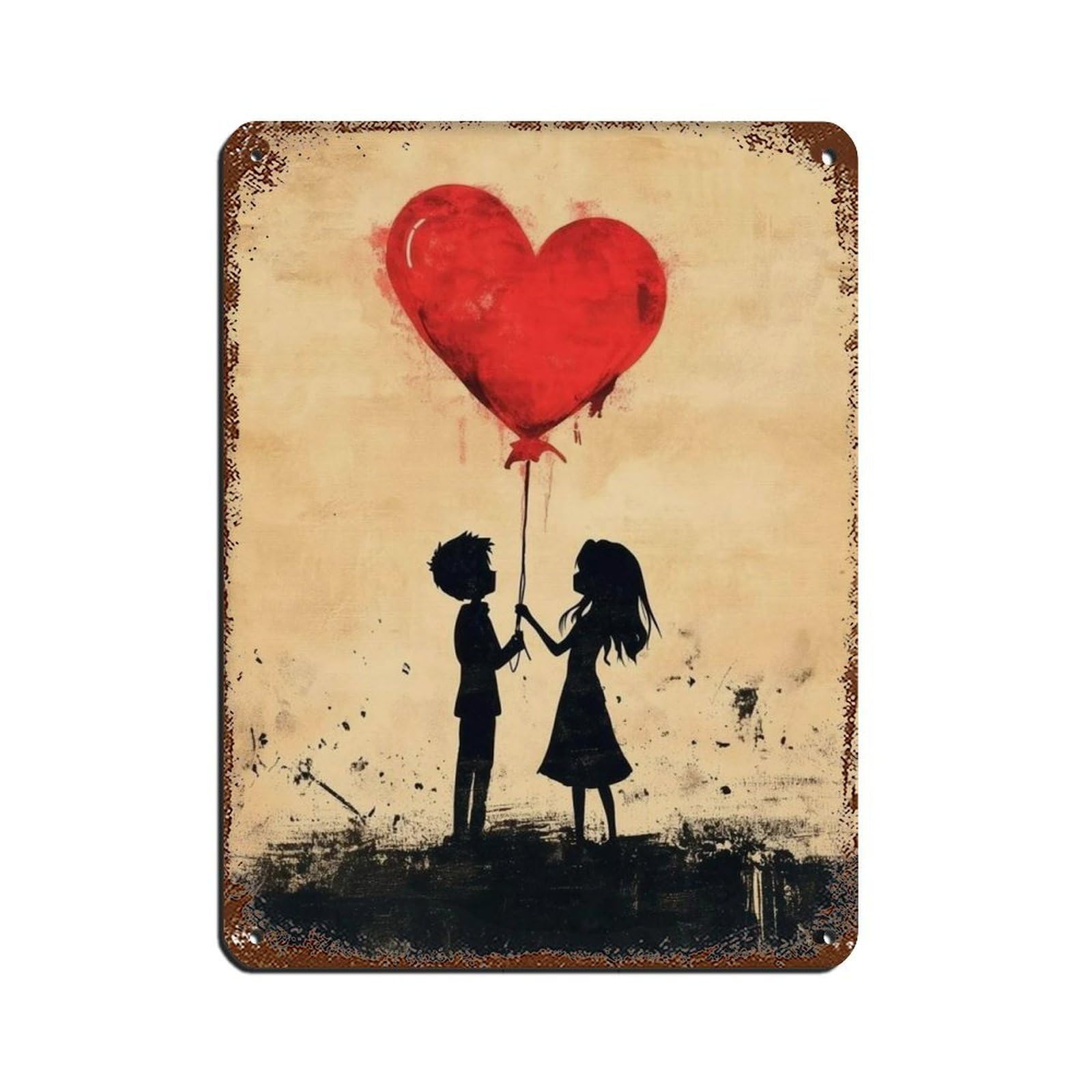 Romantic Silhouette Couple with Heart Balloon Oil Painting Tin Sign Vintage Metal Pub Club Cafe Bar Home Wall Art Decoration Poster Retro 12x16inch(30x40cm)