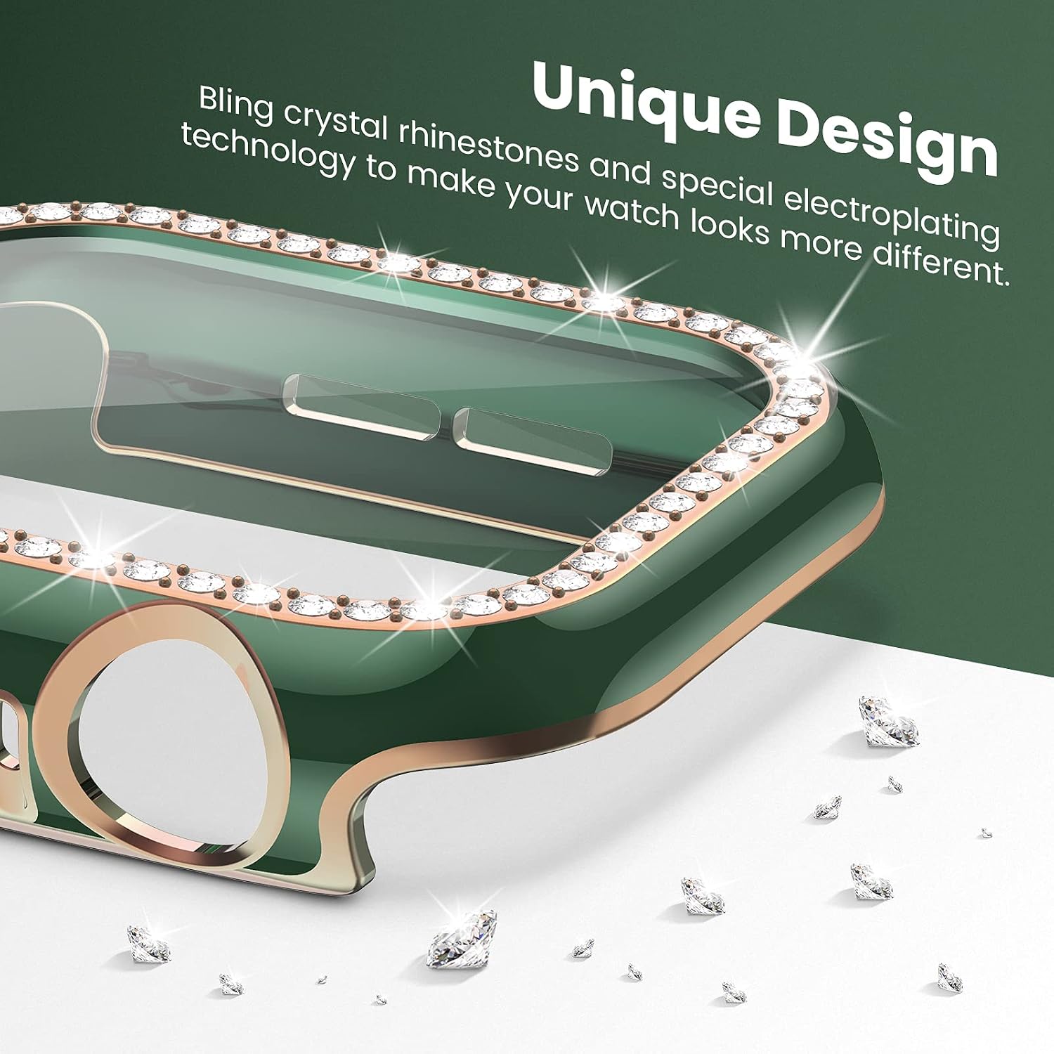 Goton Bling Case Compatible for Apple Watch 44mm Screen Protector iWatch SE Series 6 5 4 Accessories, Rhinestone Diamond Crystal Bumper Face Cover with Glass Film for Women Girl(44mm,Green)