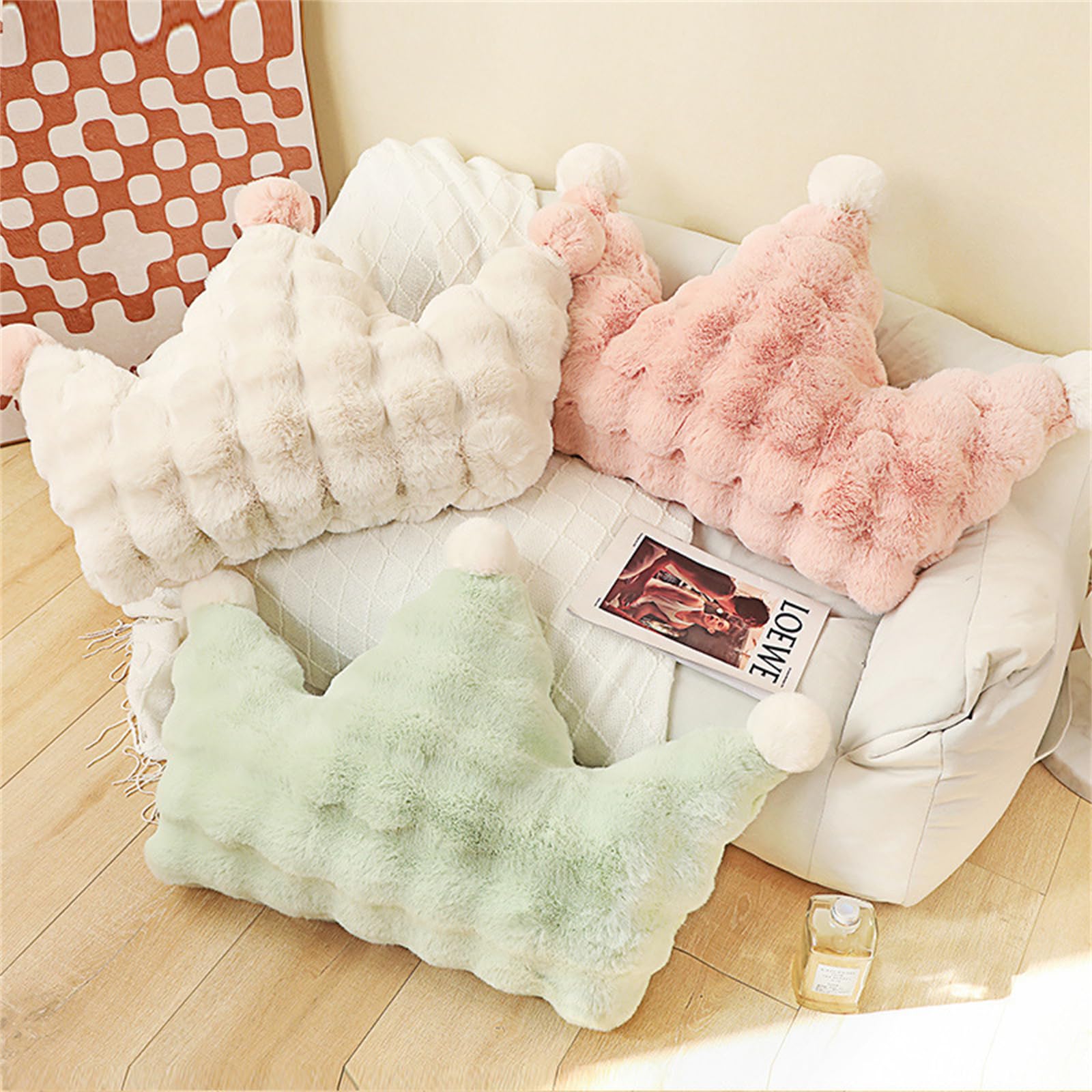 Champracer Plüsch Kissen, Sterne Flauschig Kissen, Flausch Plüsch Dekokissen, Crown Pentagram Love Ball Pillow, Dekoration für Kinderzimmer, Couch, Sofa, Bett (Weiße Krone,70 * 50 cm)